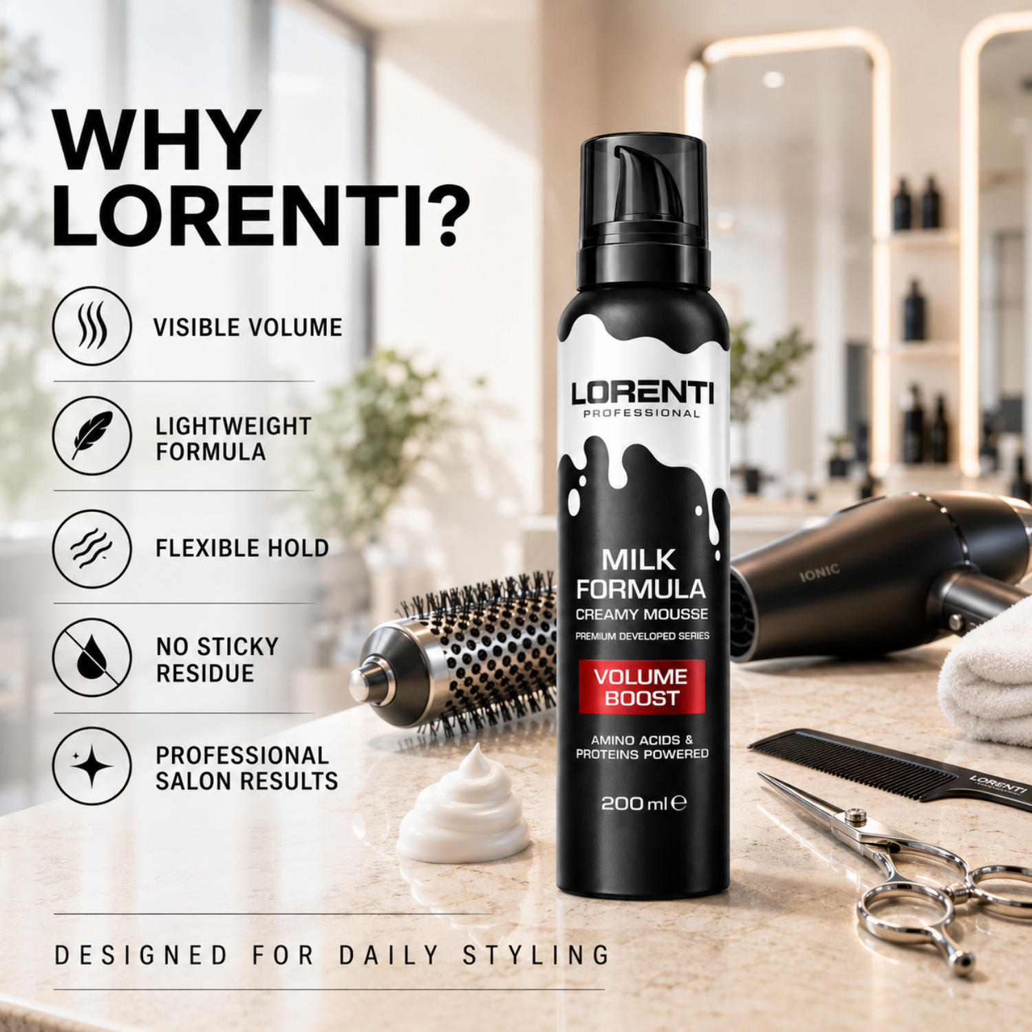 Lorenti Professional Milk Formula Creamy Mousse Volume Boost 200 ml – Volumenschaum mit Aminosäuren & Proteinen
