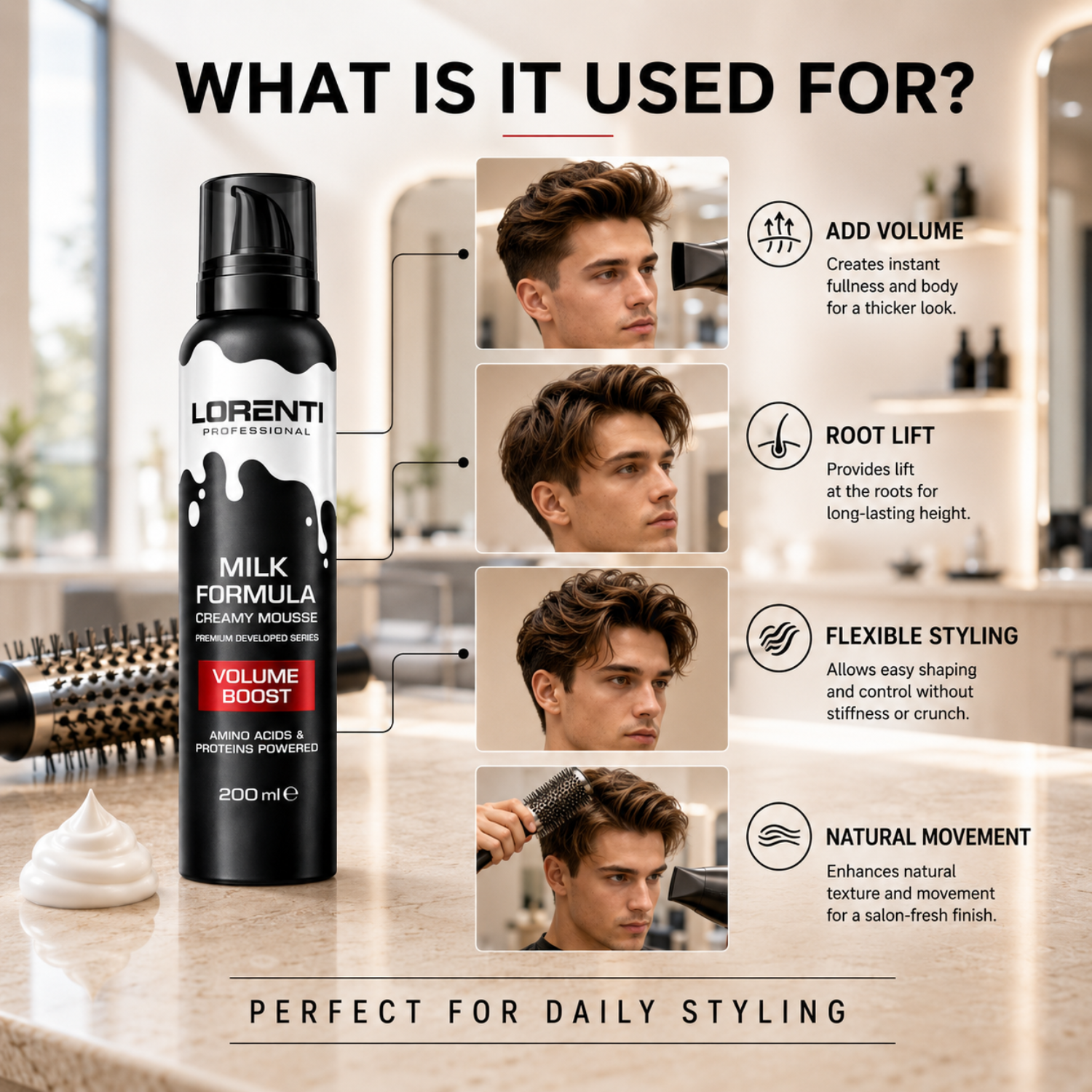 Lorenti Professional Milk Formula Creamy Mousse Volume Boost 200 ml – Volumenschaum mit Aminosäuren & Proteinen