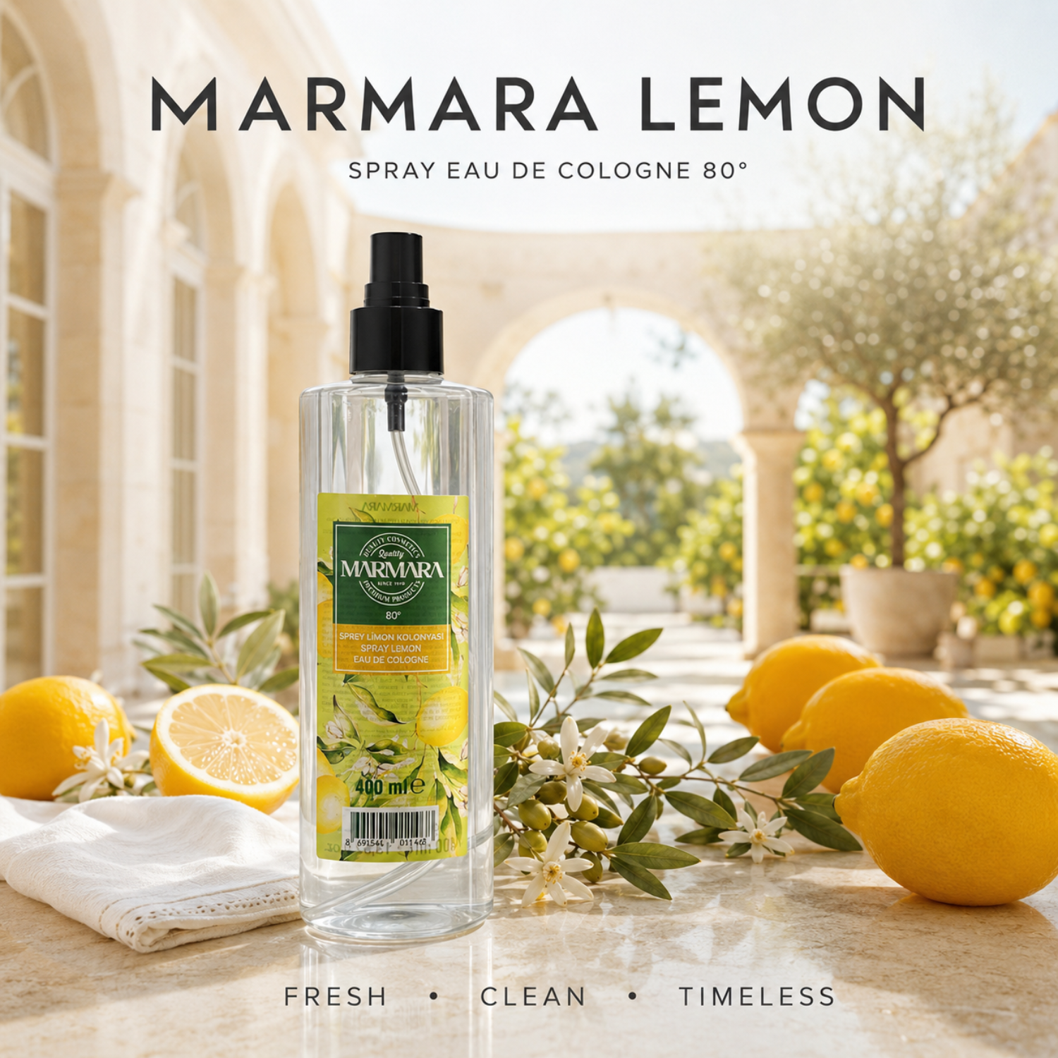 Marmara Spray Lemon Eau de Cologne 80° 400 ml – Erfrischendes Zitronen Kölnisch Wasser mit Pumpspray