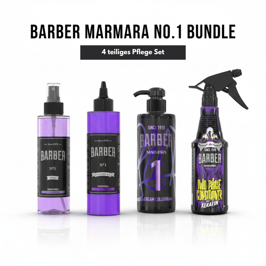 BARBER MARMARA NO 1 SET: Bestehend aus Spray Cologne, Cream Cologne, ransparentes Rasiergel und 2-Phasen Hair Conditioner mit Keratin
