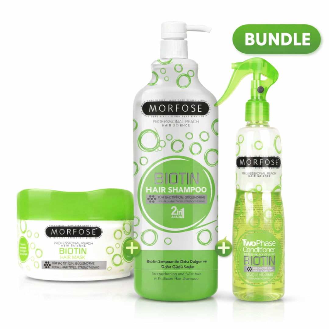 MORFOSE BIOTIN SET: Bestehend aus pflegendes Shampoo, Nährende Milchprotein-Haarkur & Two Phase Conditioner Feuchtigkeit & Geschmeidigkeit für alle Haartypen