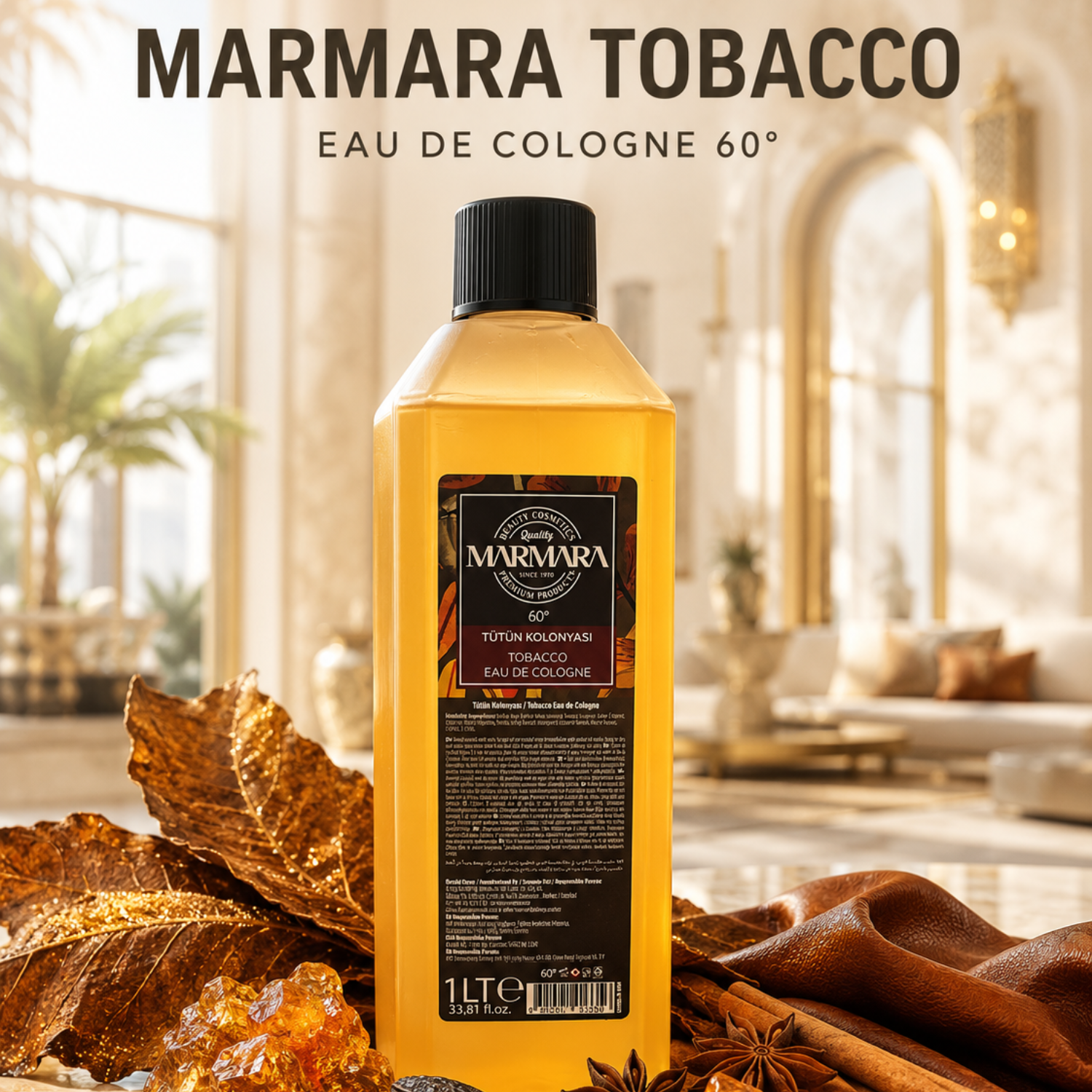 Marmara Tobacco Eau de Cologne 60° 1 Liter – Erfrischendes Tobacco Kölnisch Wasser für Barber & Herren