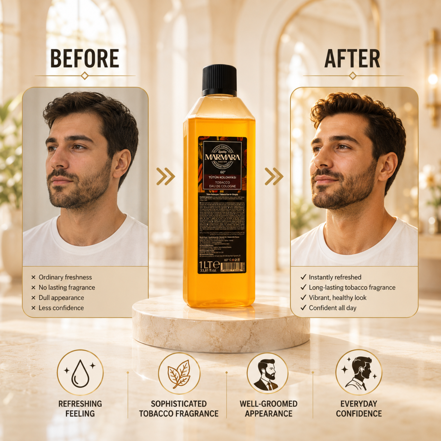 Marmara Tobacco Eau de Cologne 60° 1 Liter – Erfrischendes Tobacco Kölnisch Wasser für Barber & Herren
