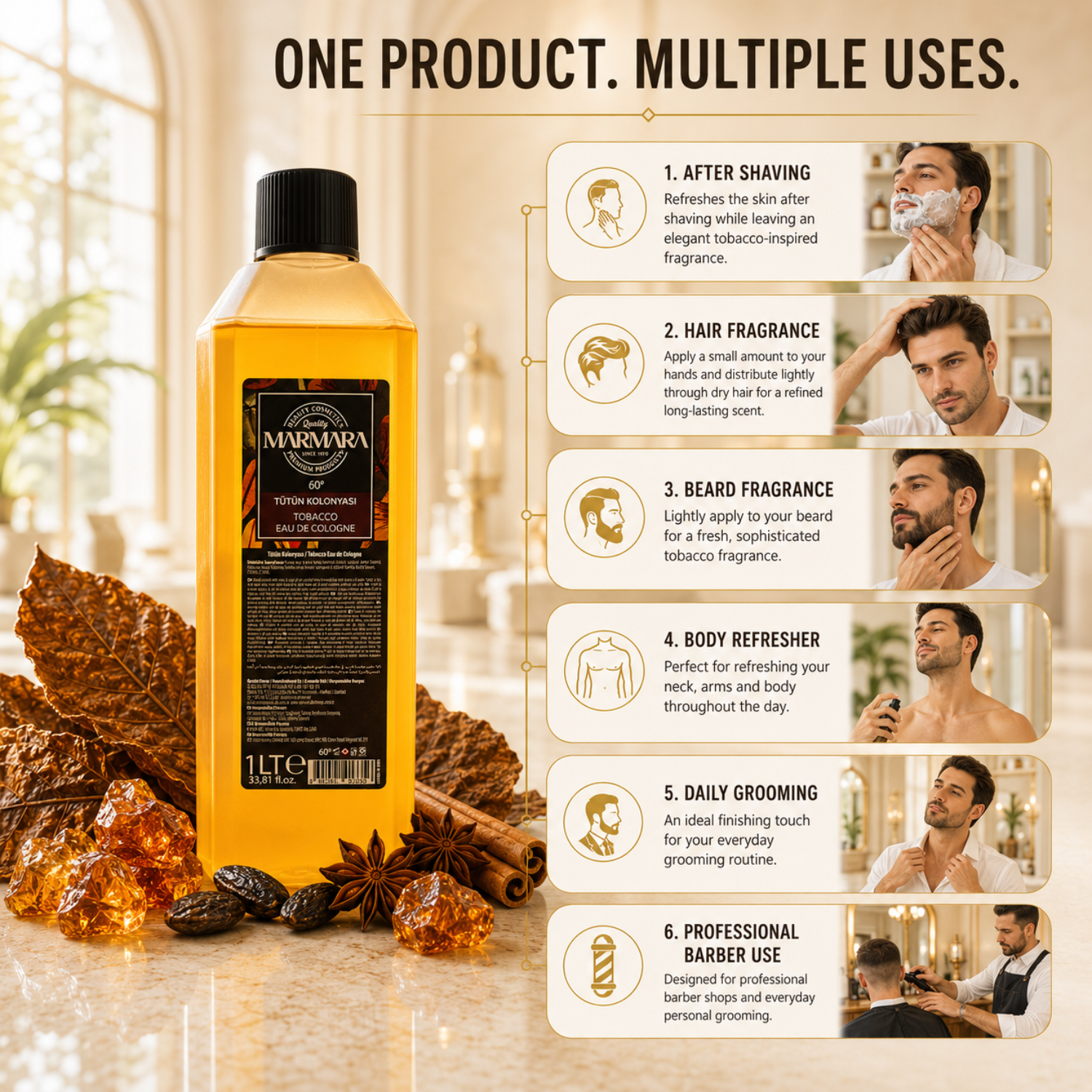Marmara Tobacco Eau de Cologne 60° 1 Liter – Erfrischendes Tobacco Kölnisch Wasser für Barber & Herren