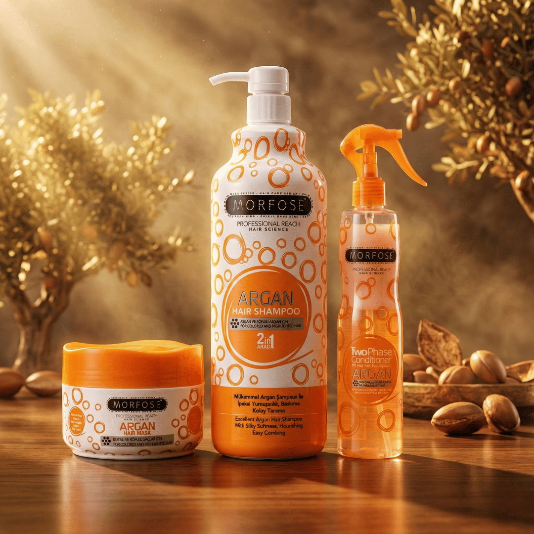 MORFOSE ARGAN SET: Bestehend aus Feuchtigkeits Shampoo, Intensive Feuchtigkeitskur mit Arganöl & Two Phase Conditioner Leave-In Pflege für trockenes & geschädigtes Haar