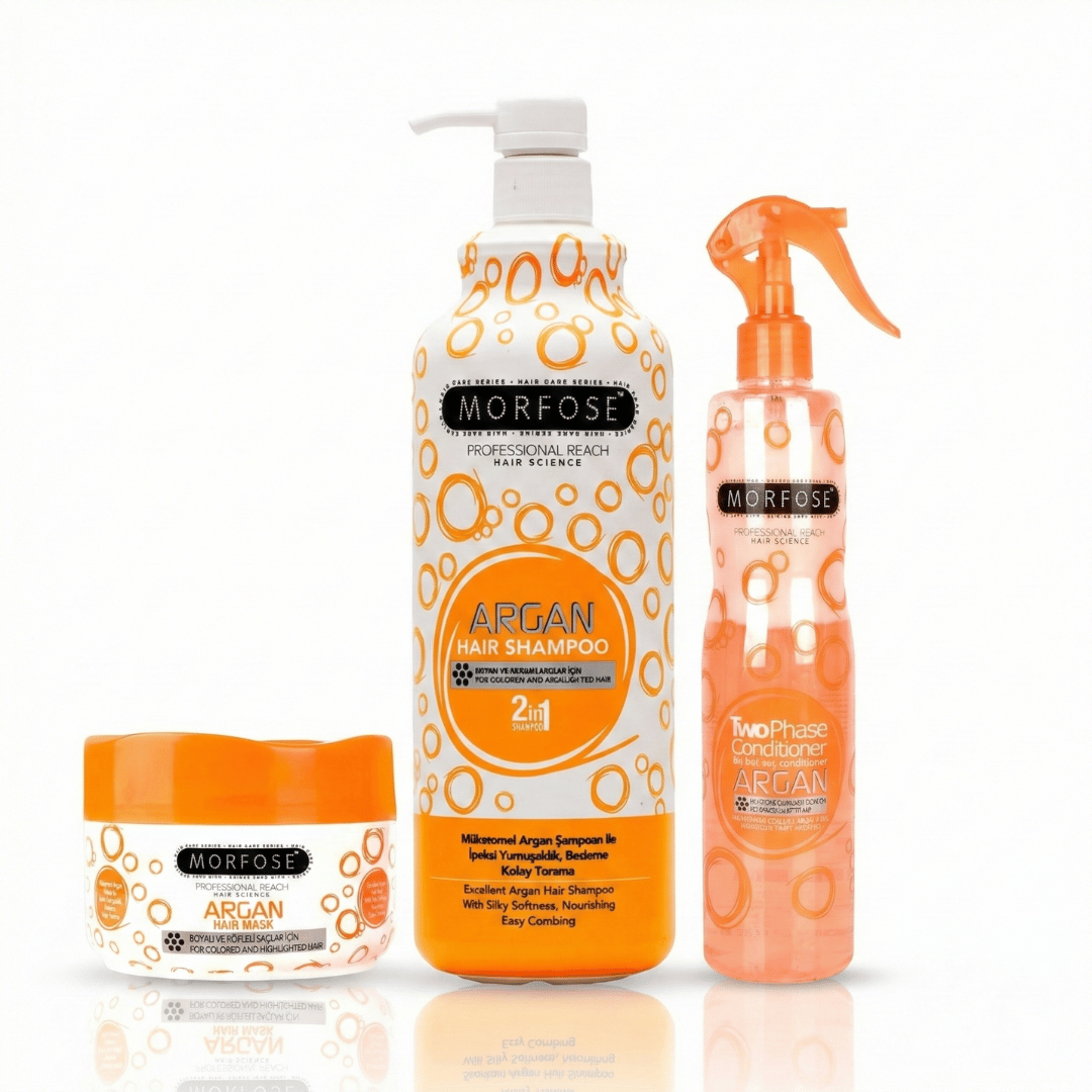 MORFOSE ARGAN SET: Bestehend aus Feuchtigkeits Shampoo, Intensive Feuchtigkeitskur mit Arganöl & Two Phase Conditioner Leave-In Pflege für trockenes & geschädigtes Haar