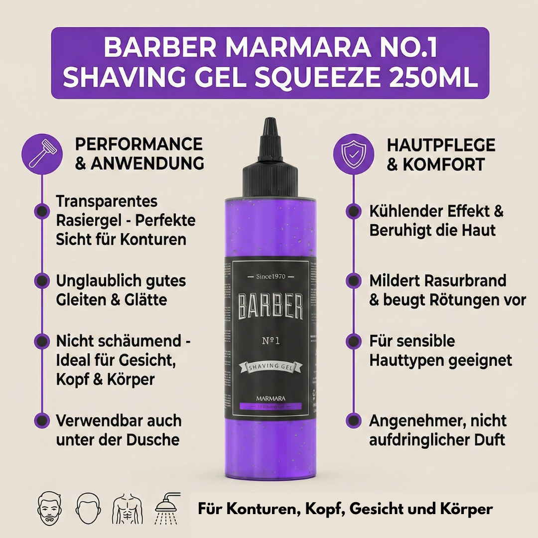 BARBER MARMARA NO 1 SET: Bestehend aus Spray Cologne, Cream Cologne, ransparentes Rasiergel und 2-Phasen Hair Conditioner mit Keratin