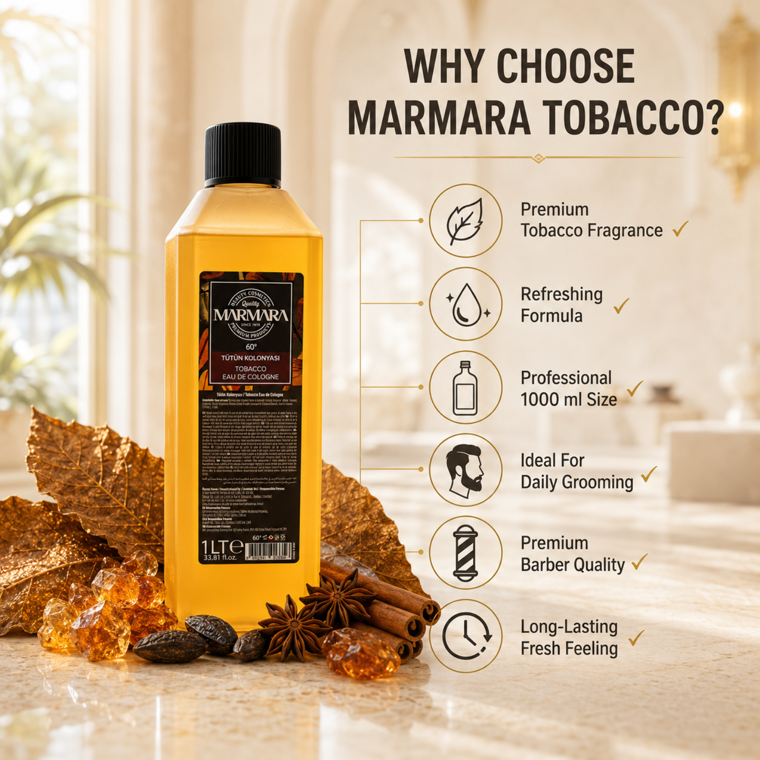 Marmara Tobacco Eau de Cologne 60° 1 Liter – Erfrischendes Tobacco Kölnisch Wasser für Barber & Herren
