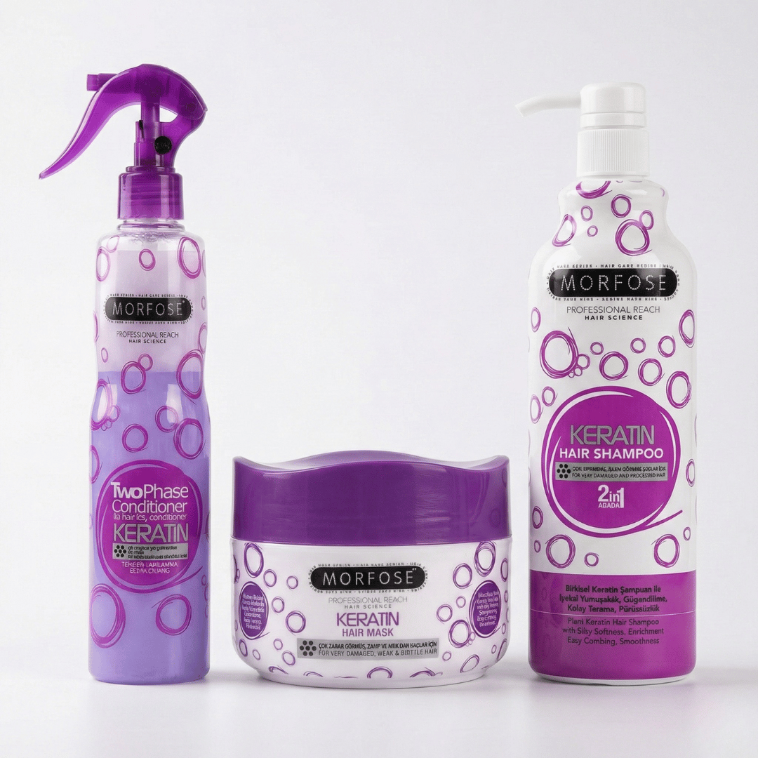 MORFOSE KERATIN SET: Bestehend aus Stärkendes Keratin-Shampoo, Reparierende Keratin-Haarkmaske & Two Phase Conditioner Aufbau & Schutz für geschädigtes Haar