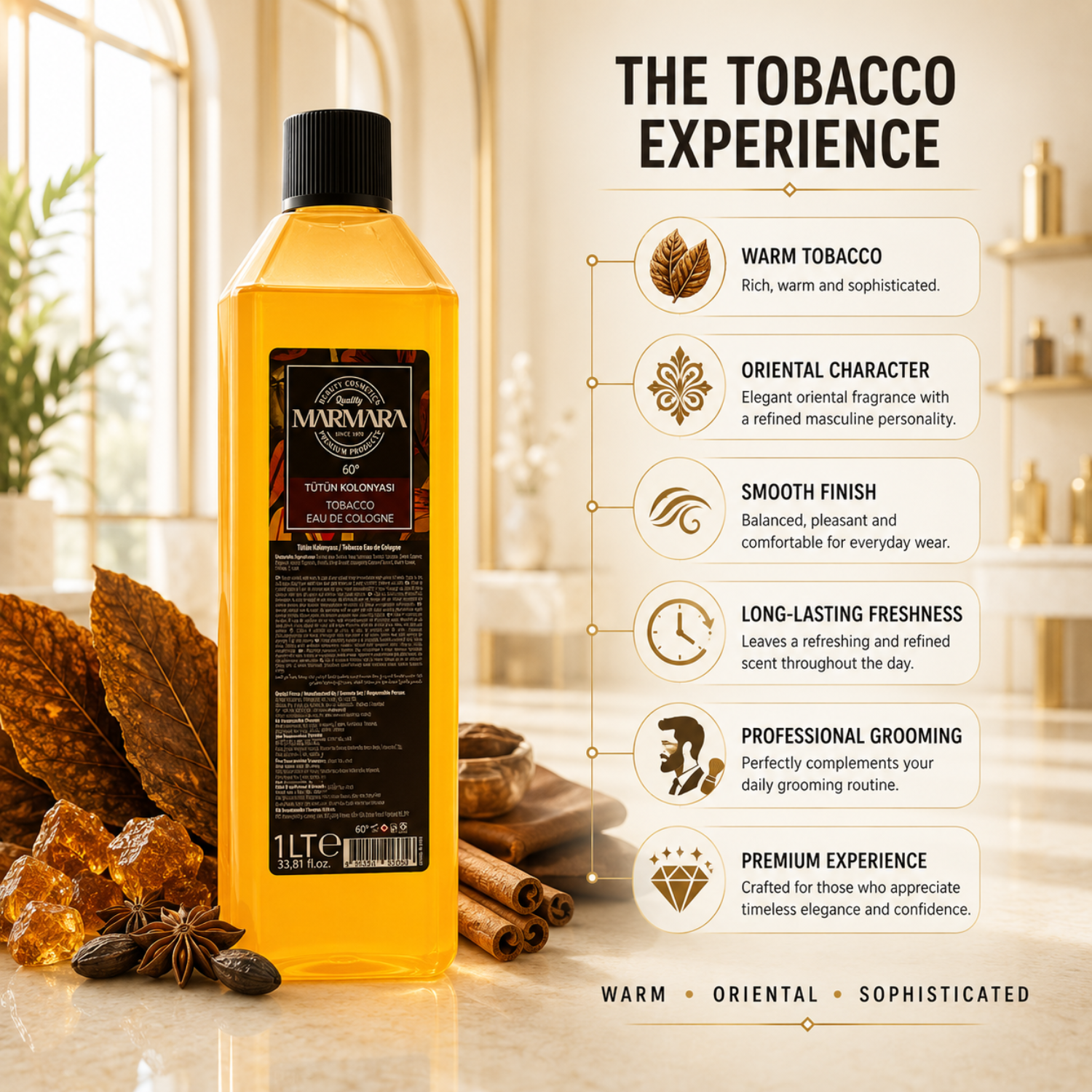 Marmara Tobacco Eau de Cologne 60° 1 Liter – Erfrischendes Tobacco Kölnisch Wasser für Barber & Herren