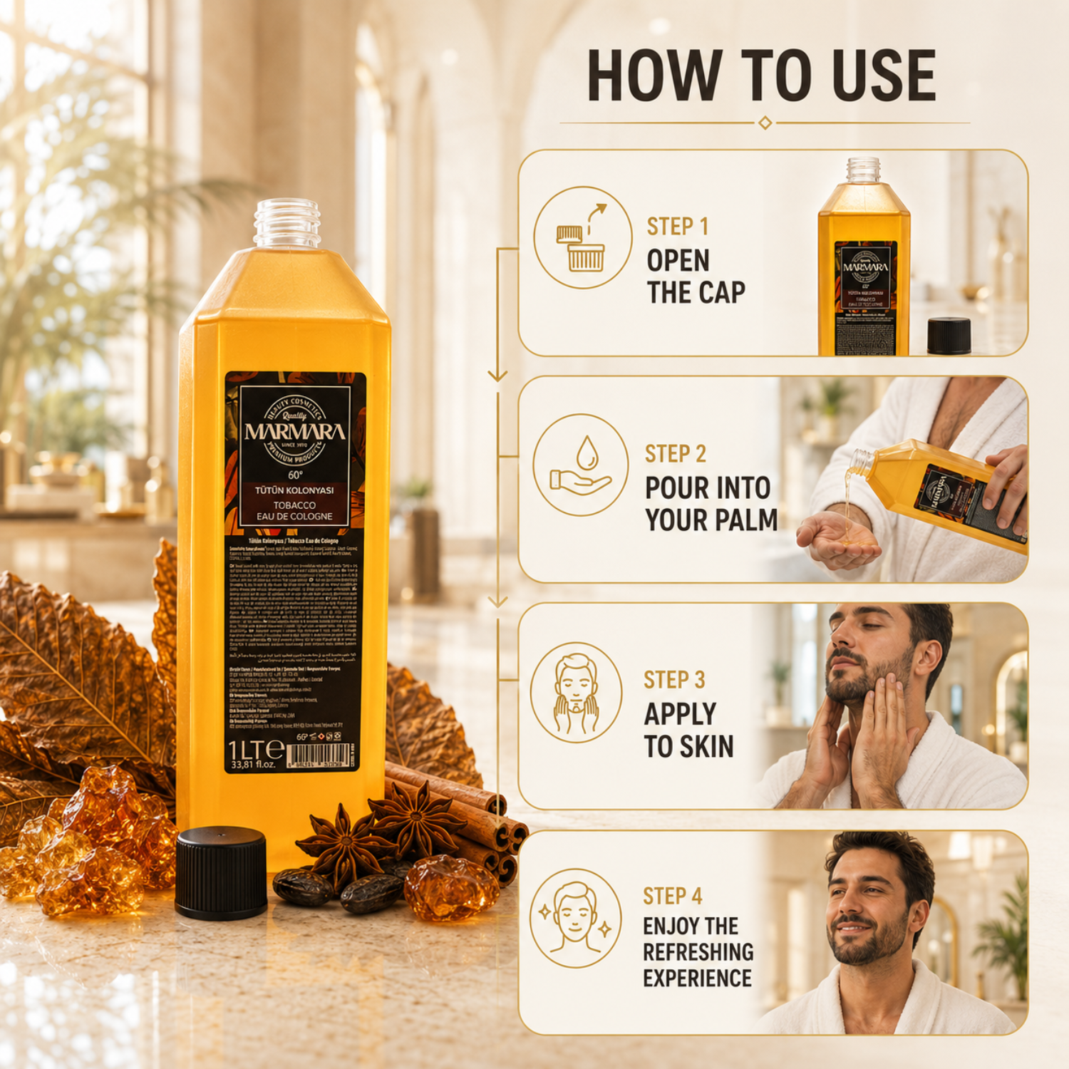 Marmara Tobacco Eau de Cologne 60° 1 Liter – Erfrischendes Tobacco Kölnisch Wasser für Barber & Herren