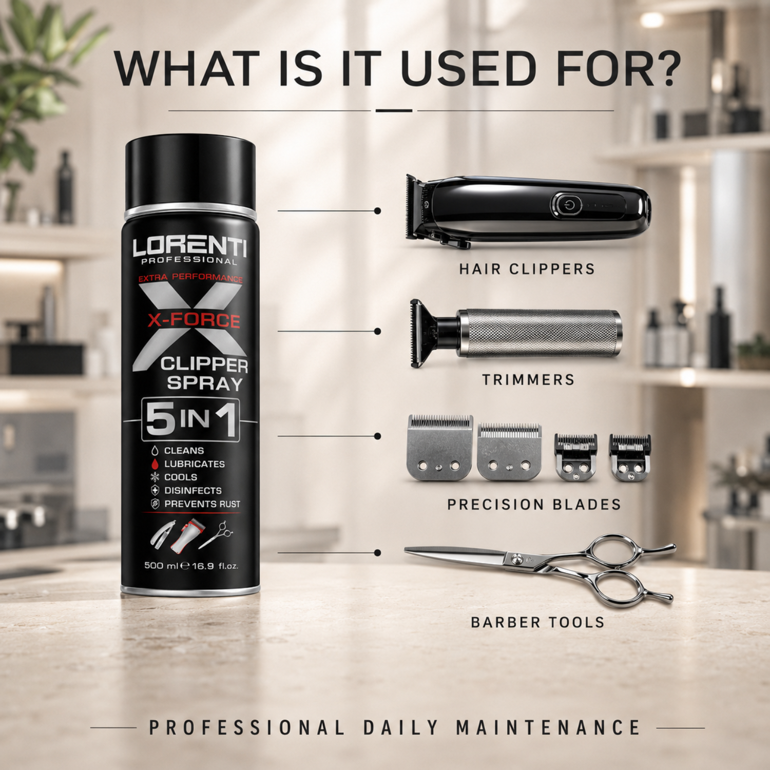 Lorenti Professional X-Force Clipper Spray 5 in 1 500 ml – Reinigung, Desinfektion & Schmierung