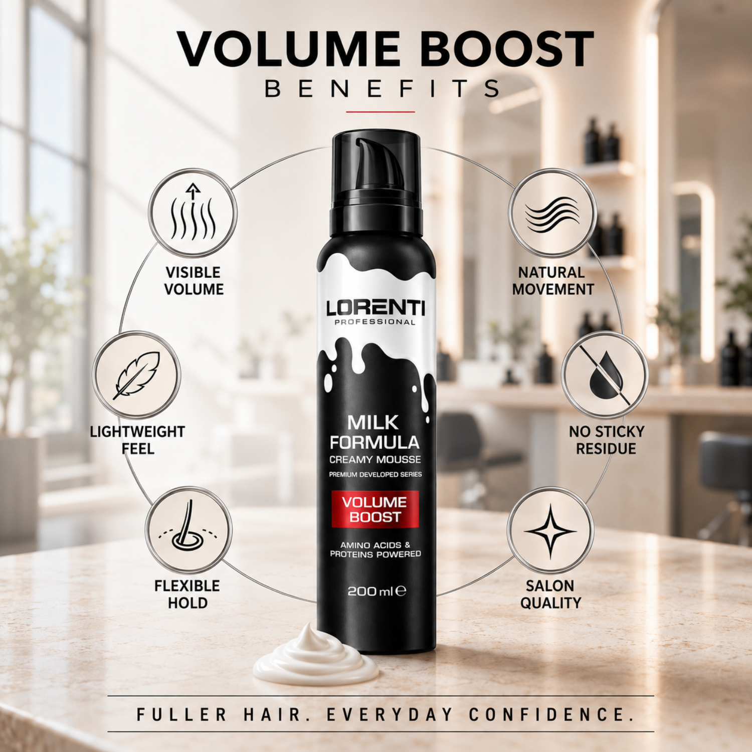 Lorenti Professional Milk Formula Creamy Mousse Volume Boost 200 ml – Volumenschaum mit Aminosäuren & Proteinen
