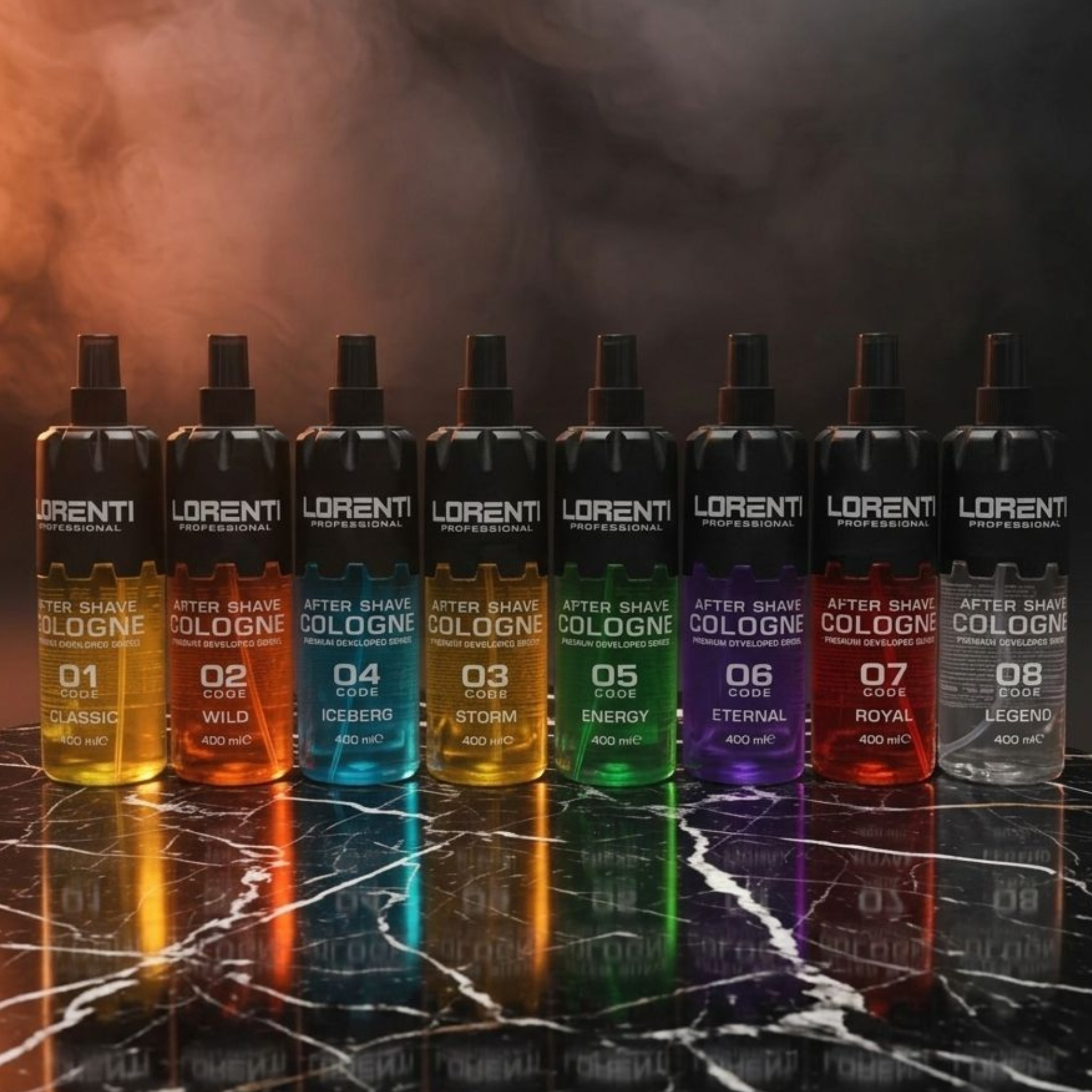 Lorenti Professional After Shave Cologne Set 01–06 – Classic, Wild, Storm, Iceberg, Energy, Eternal, Royal & Legend | Frische & Pflege nach der Rasur | 400 ml Premium Barbershop Serie