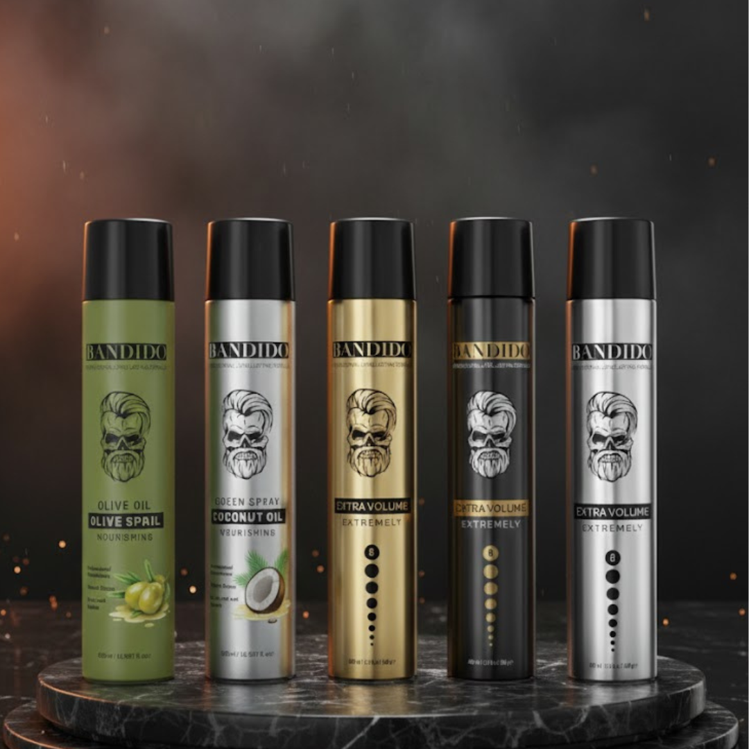 Bandido Hair Spray Extra Volume Haarspray Gold, Silver, Black 400ML & Coconut, Olive Oil Sheen Spray 500ML Herren