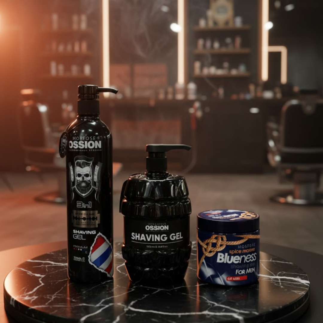 Ossion Premium Barber Line Shaving Gel Black Bomb 1000 ml, 3in1 Shaving Gel 700ml, Morfose Blueness Shavin gel 500ml
