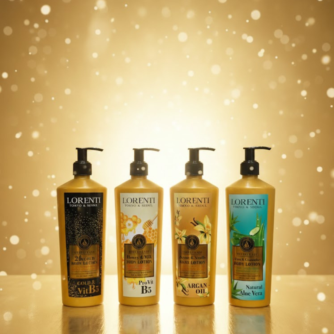 LORENTI TOKYO & SEOUL Damen Body Cream Lotion Argan Oil & Vanilla, 24K Gold & Vitamin, Aloe & Cucumber, Honey & Milk Body Lotion 400ml