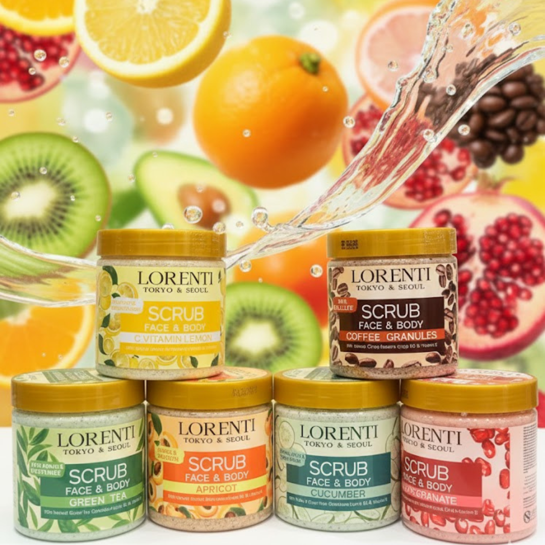 LORENTI TOKYO & SEOUL Face & Body Scrub 500ml Green Tea, C Vitamin Lemon, Apricot, Cucumber, Coffee Granules, Pomegranate