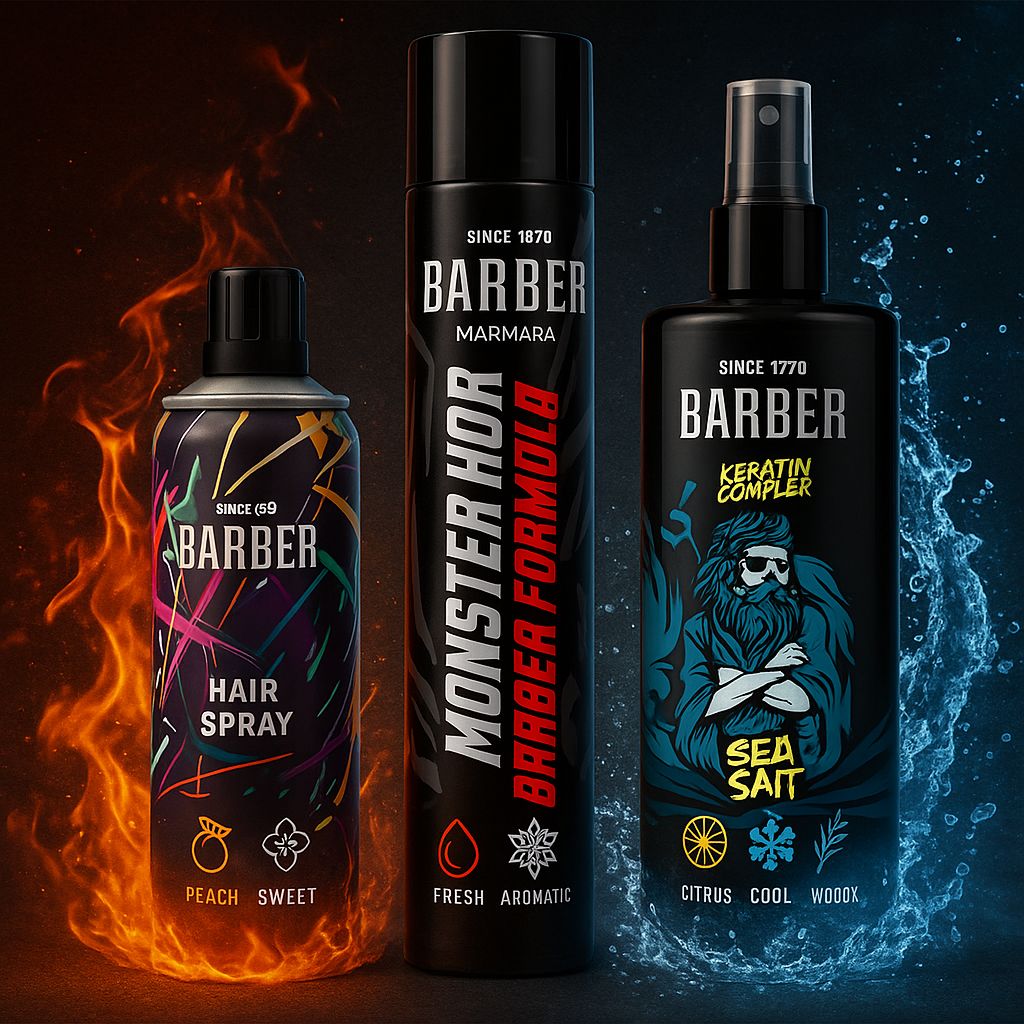 BARBER HAIR SPRAY 750 ML MONSTER, BARBER HAIR SPRAY 400 ML NO.16, BARBER 200 ML POSEIDON SPRAY