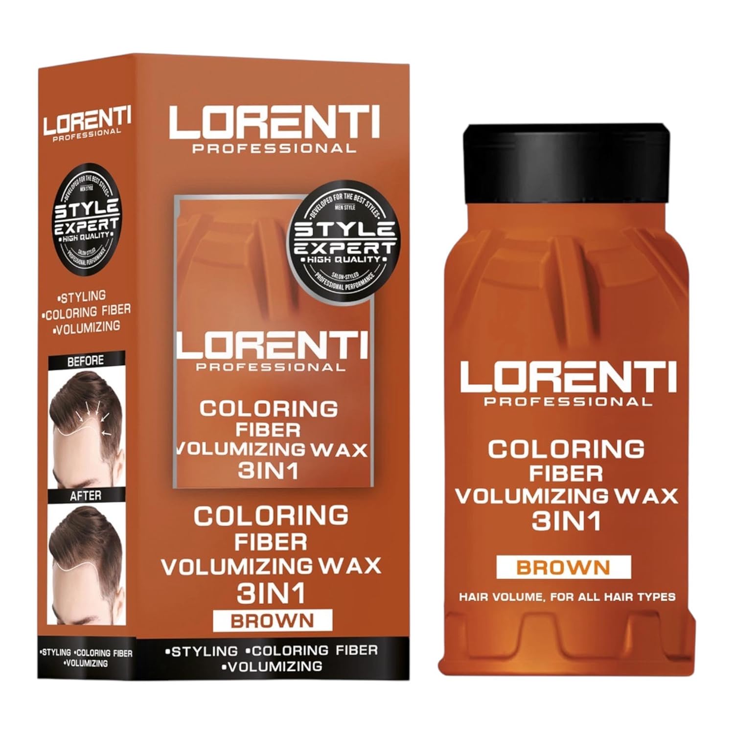 Lorenti Professional 3in1 Faser-Volumen-Wachs Braun – Styling, Haarfarbe & Haarverdichtung – Puderwachs gegen dünnes Haar für Männer & Frauen
