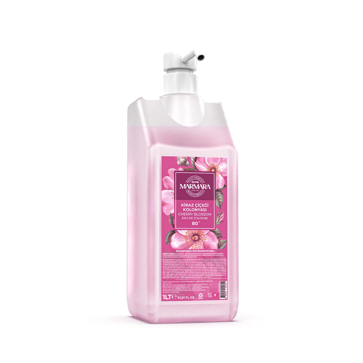 Marmara Eau de Cologne 1L mit Pumpe – 80% Alkohol – Erfrischendes Kolonya für Damen & Herren – Duftwasser & Aftershave (Cherry Blossom)