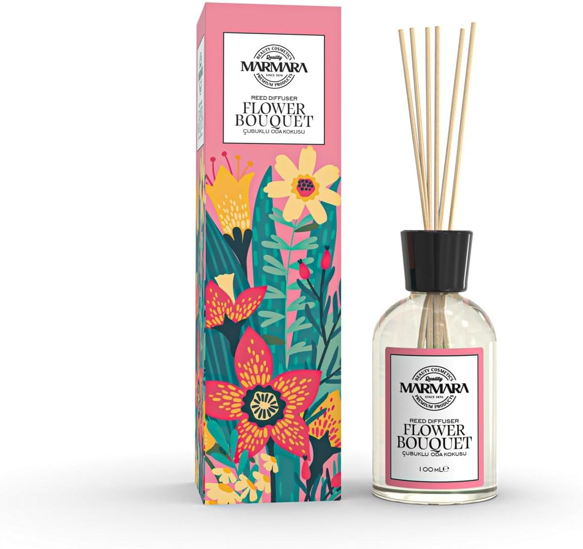 MARMARA Flower Bouquet Raumduft mit Stäbchen 100ml, Raum-erfrischer mit Rose, Flieder, Waldlilie, Jasmin, Veilchen Duft Aroma, Diffuser mit Stäbchen, Lufterfrischer Wohnung, Room fragrance