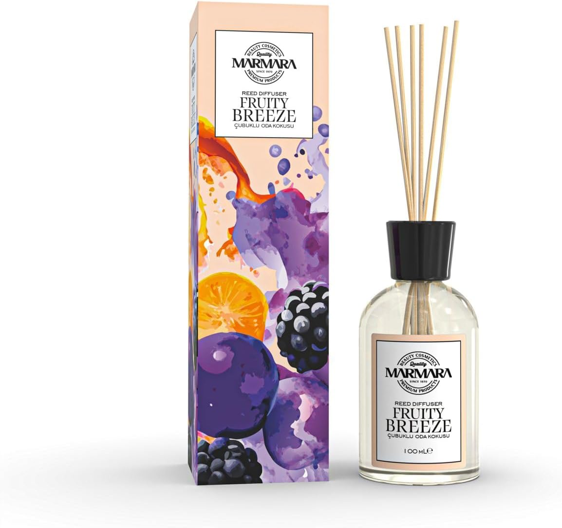 MARMARA FRUITY BREEZE Raumduft mit Stäbchen 100ml, Raum-erfrischer mit Zitrusfrüchte, grüner Apfel Pfirsich, Wassermelone Vanille Duft Aroma, Diffuser