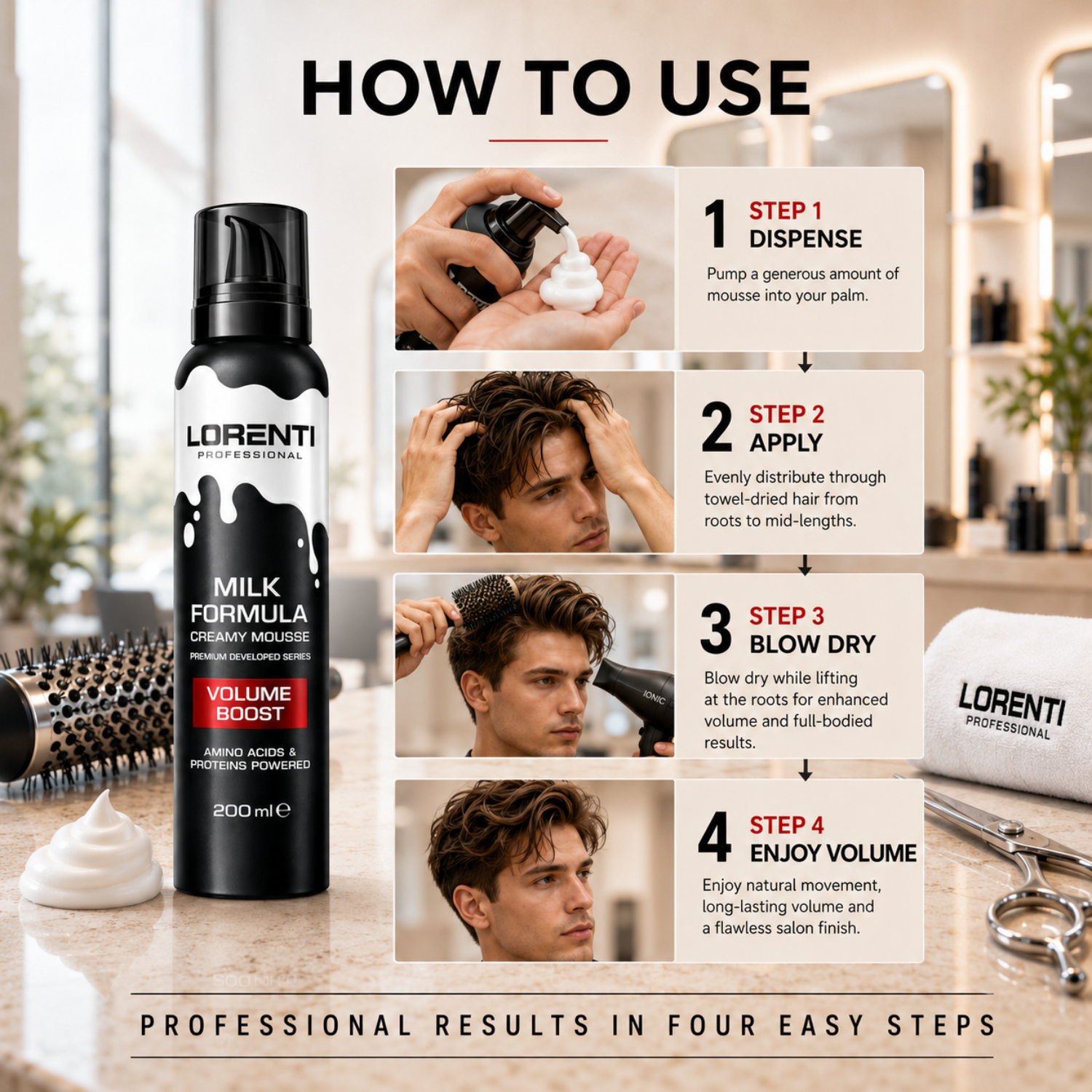 Lorenti Professional Milk Formula Creamy Mousse Volume Boost 200 ml – Volumenschaum mit Aminosäuren & Proteinen