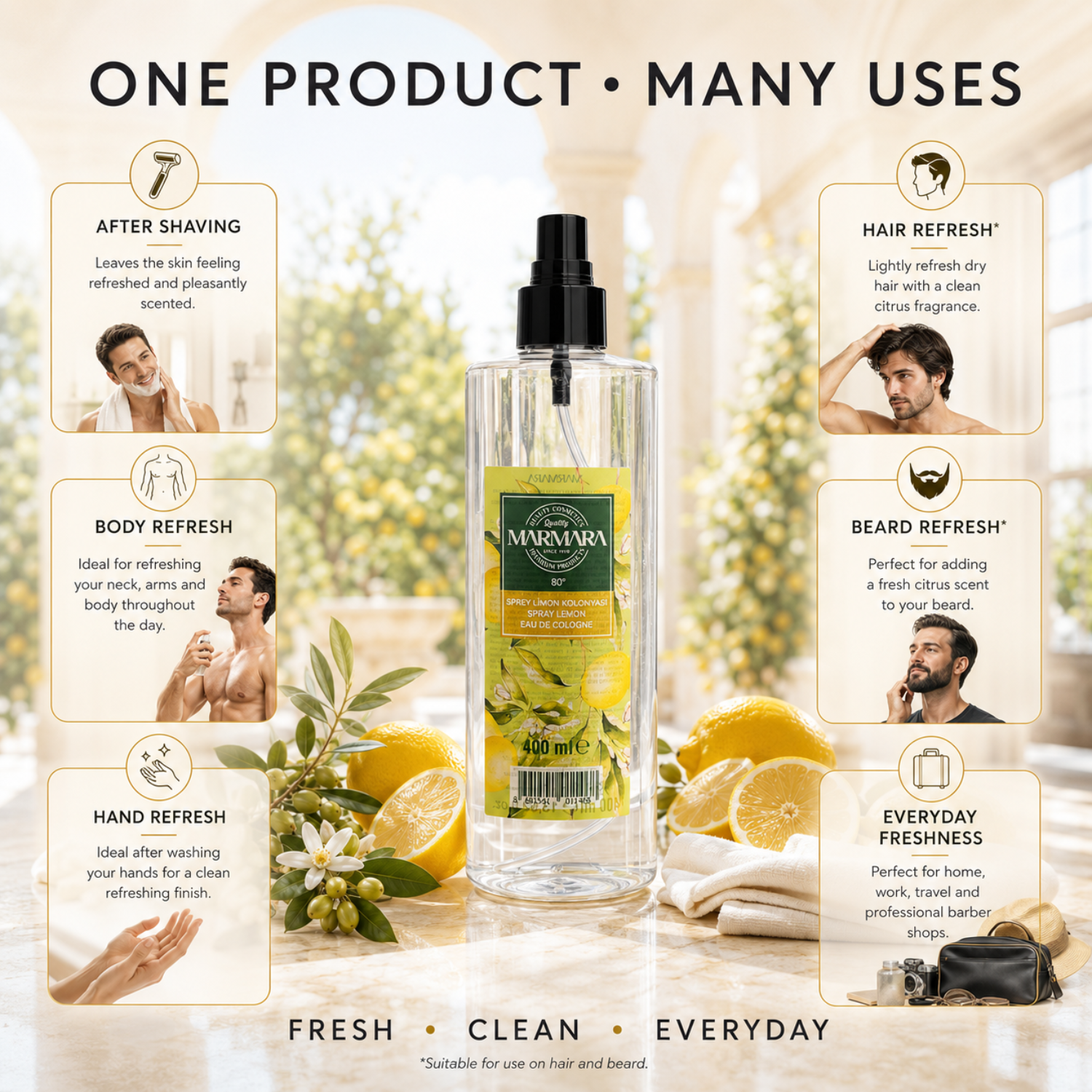 Marmara Spray Lemon Eau de Cologne 80° 400 ml – Erfrischendes Zitronen Kölnisch Wasser mit Pumpspray