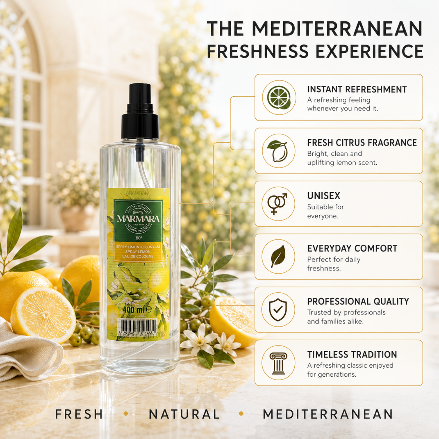 Marmara Spray Lemon Eau de Cologne 80° 400 ml – Erfrischendes Zitronen Kölnisch Wasser mit Pumpspray