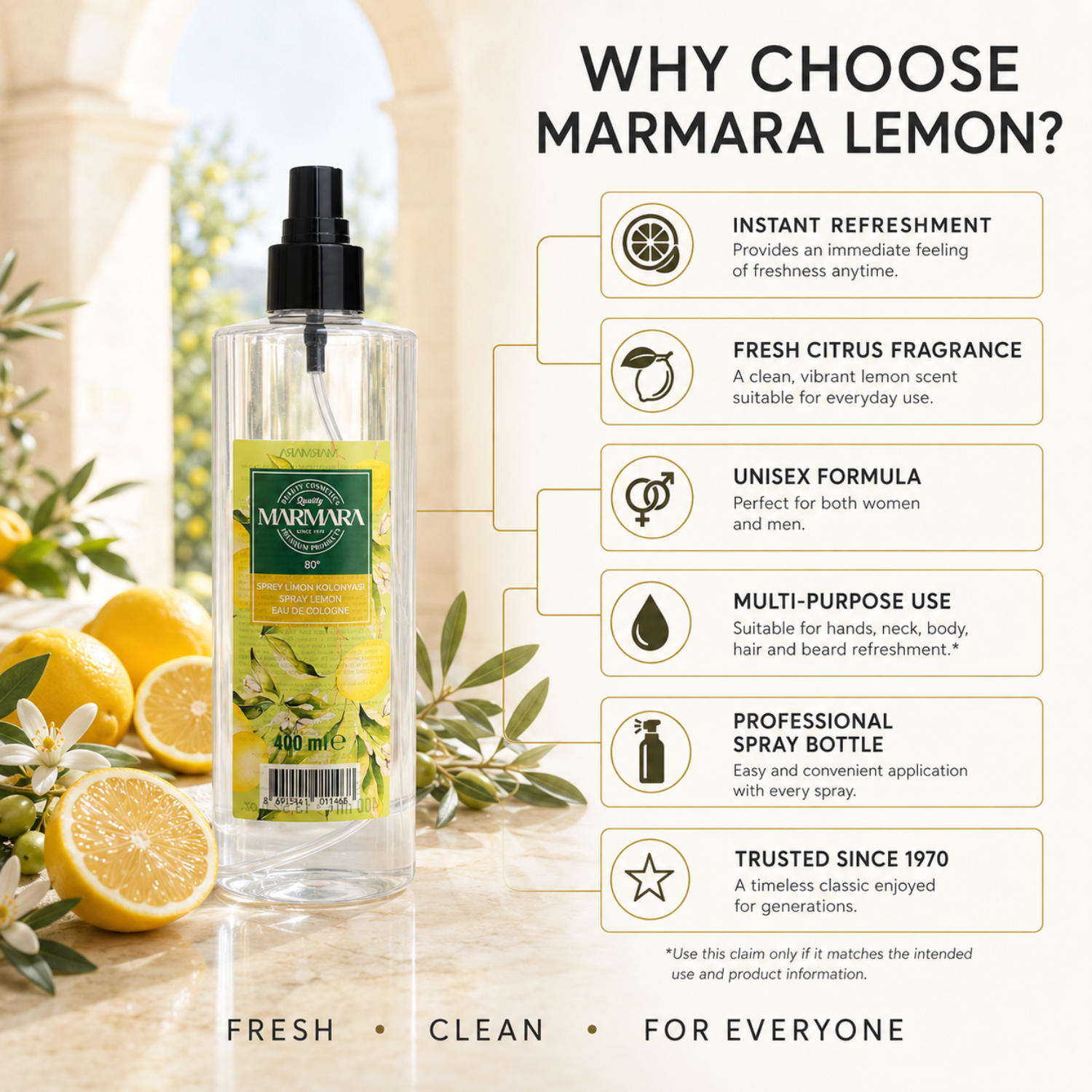 Marmara Spray Lemon Eau de Cologne 80° 400 ml – Erfrischendes Zitronen Kölnisch Wasser mit Pumpspray