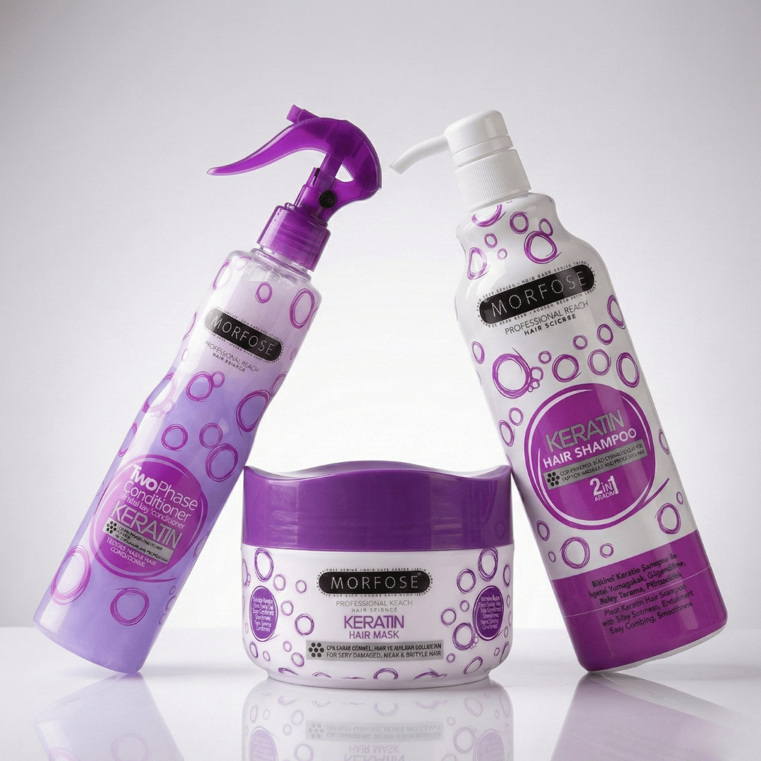 MORFOSE KERATIN SET: Bestehend aus Stärkendes Keratin-Shampoo, Reparierende Keratin-Haarkmaske & Two Phase Conditioner Aufbau & Schutz für geschädigtes Haar