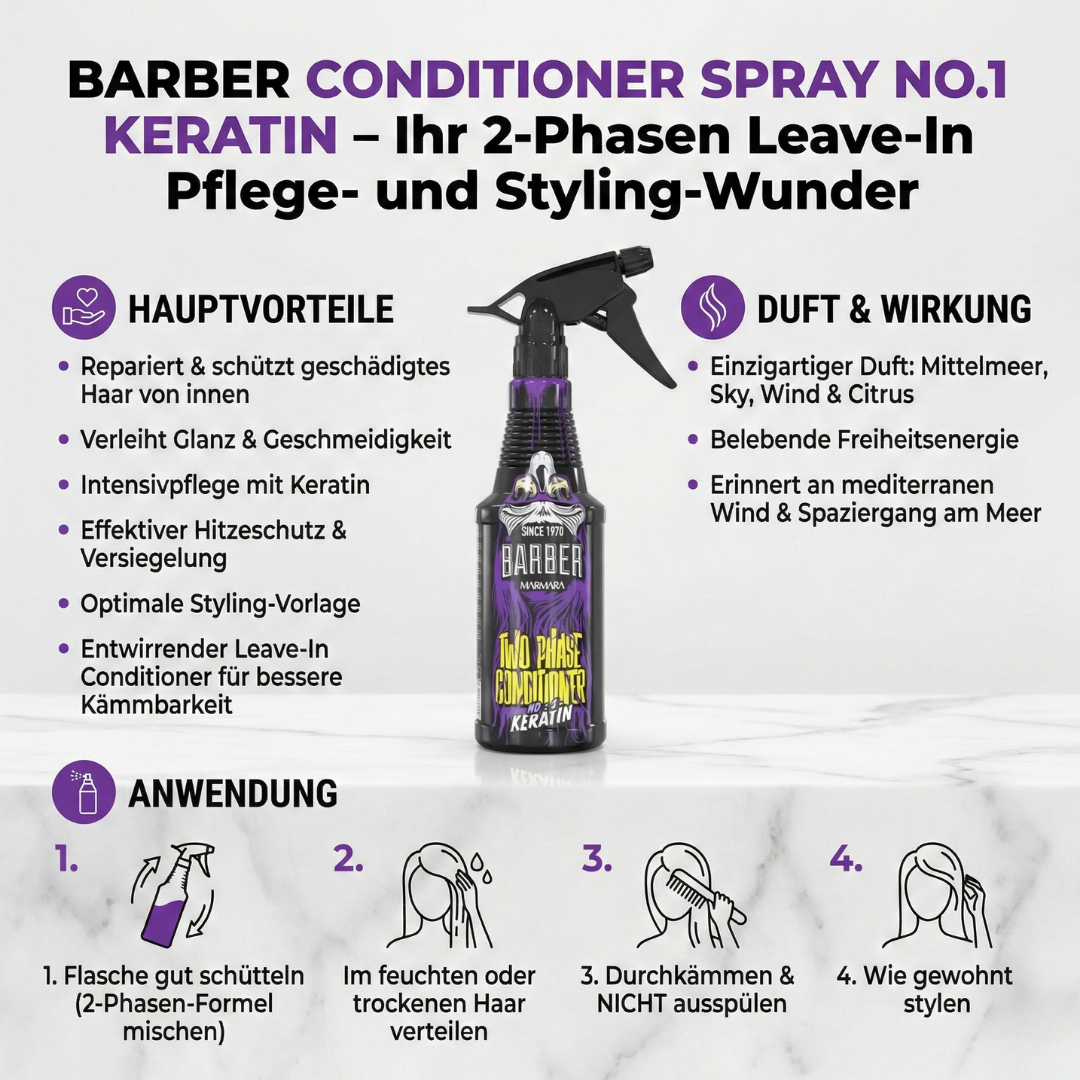 BARBER MARMARA NO 1 SET: Bestehend aus Spray Cologne, Cream Cologne, ransparentes Rasiergel und 2-Phasen Hair Conditioner mit Keratin