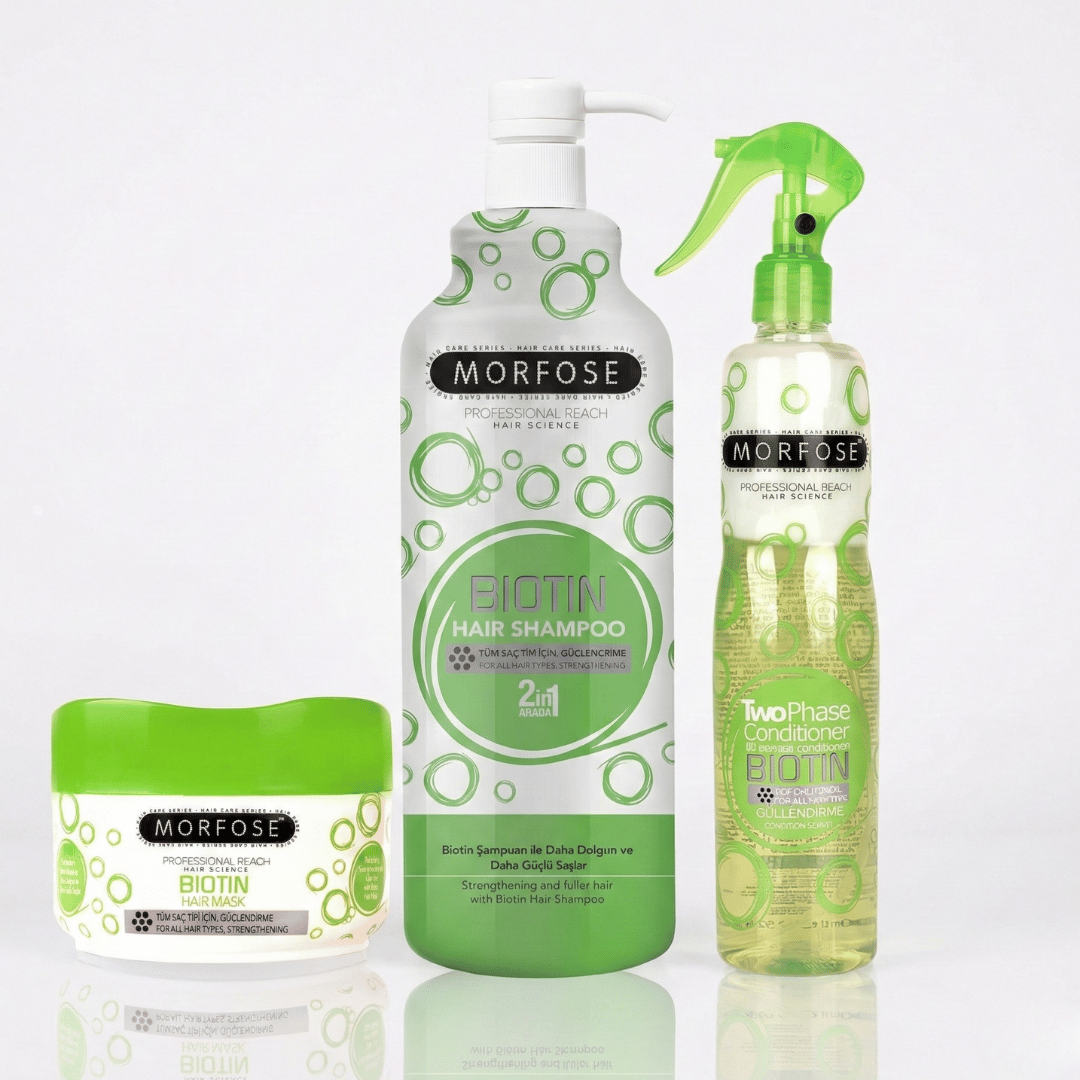 MORFOSE BIOTIN SET: Bestehend aus pflegendes Shampoo, Nährende Milchprotein-Haarkur & Two Phase Conditioner Feuchtigkeit & Geschmeidigkeit für alle Haartypen