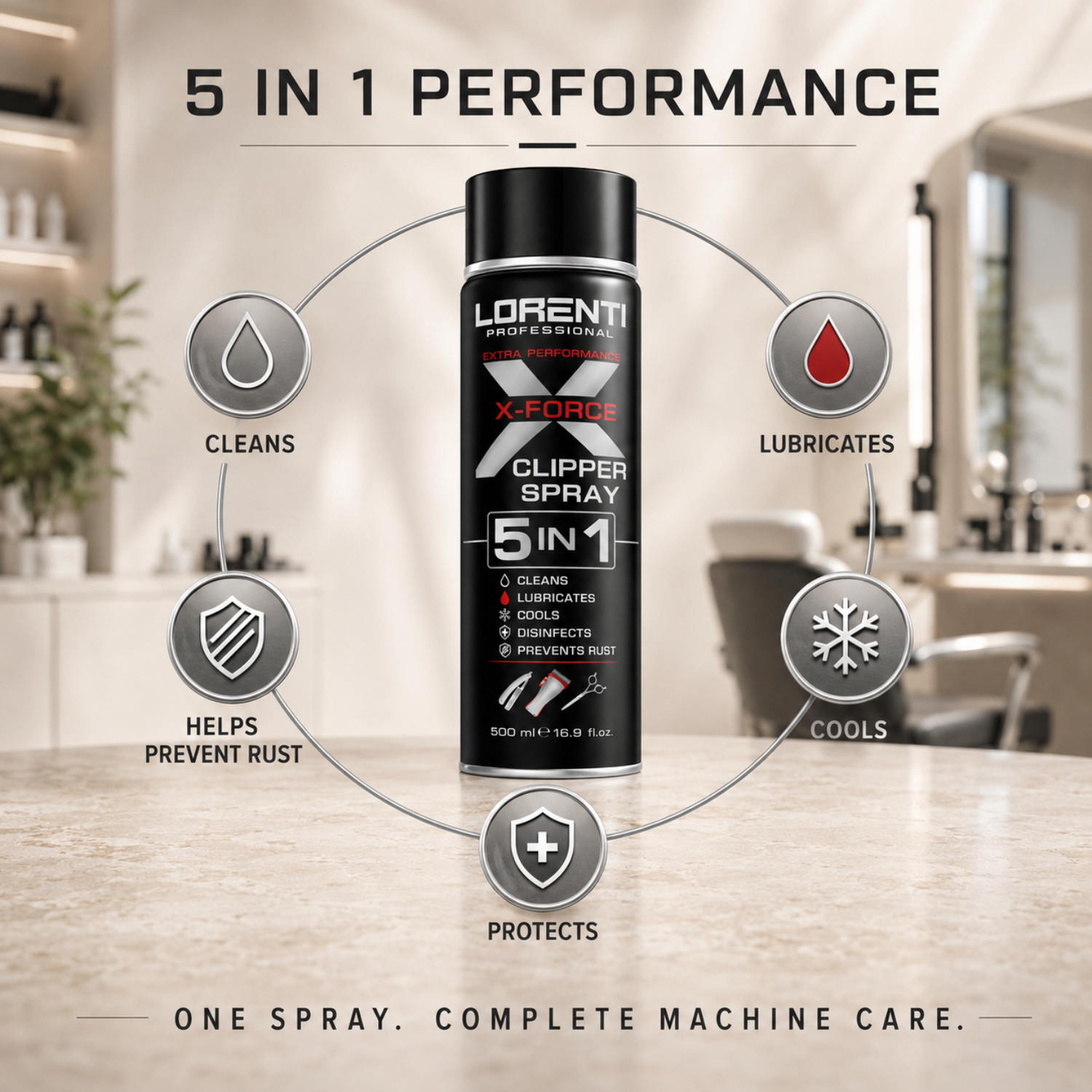 Lorenti Professional X-Force Clipper Spray 5 in 1 500 ml – Reinigung, Desinfektion & Schmierung