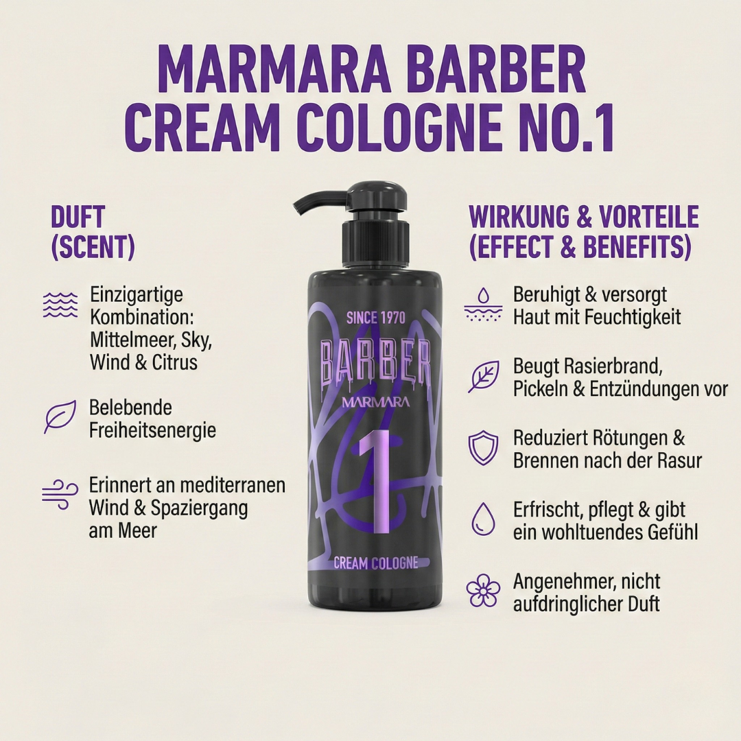 BARBER MARMARA NO 1 SET: Bestehend aus Spray Cologne, Cream Cologne, ransparentes Rasiergel und 2-Phasen Hair Conditioner mit Keratin