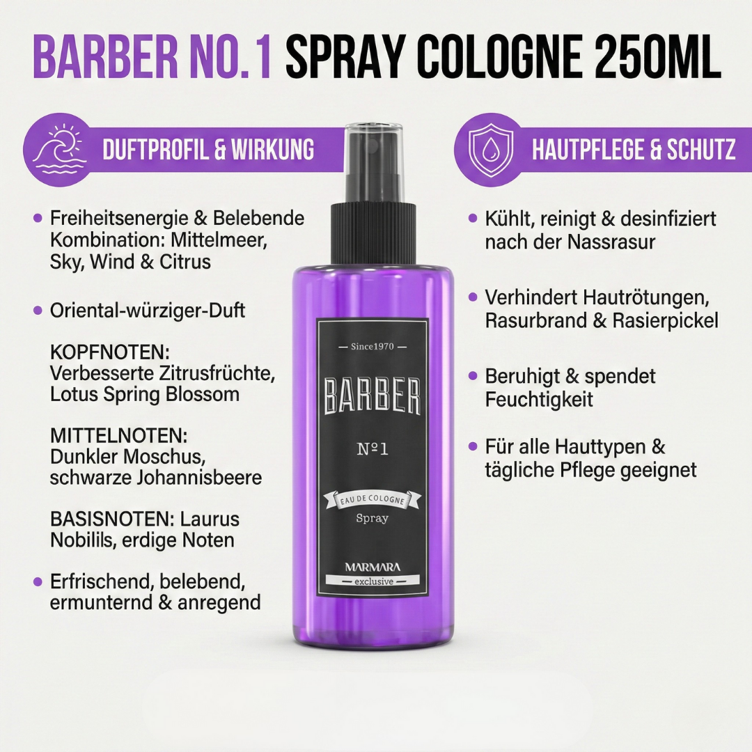 BARBER MARMARA NO 1 SET: Bestehend aus Spray Cologne, Cream Cologne, ransparentes Rasiergel und 2-Phasen Hair Conditioner mit Keratin
