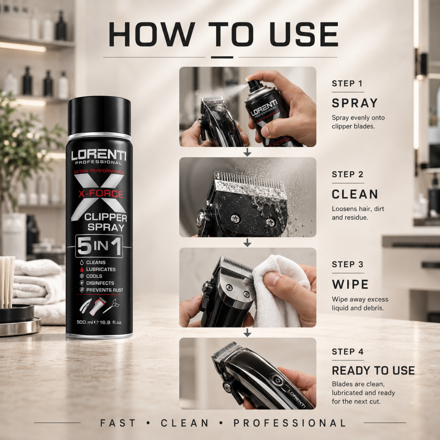 Lorenti Professional X-Force Clipper Spray 5 in 1 500 ml – Reinigung, Desinfektion & Schmierung