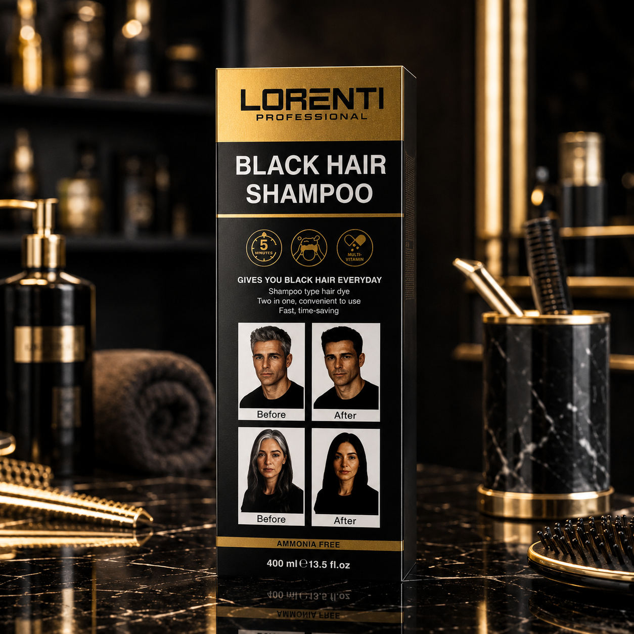 Lorenti Professional Black Hair Shampoo, Haarfärbe Shampoo Schwarz 400ml