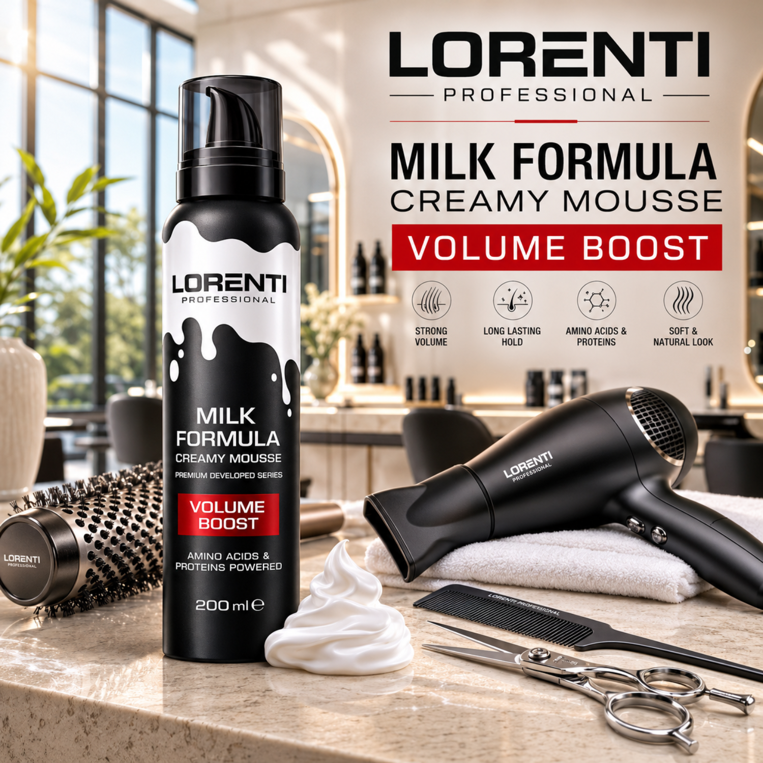 Lorenti Professional Milk Formula Creamy Mousse Volume Boost 200 ml – Volumenschaum mit Aminosäuren & Proteinen