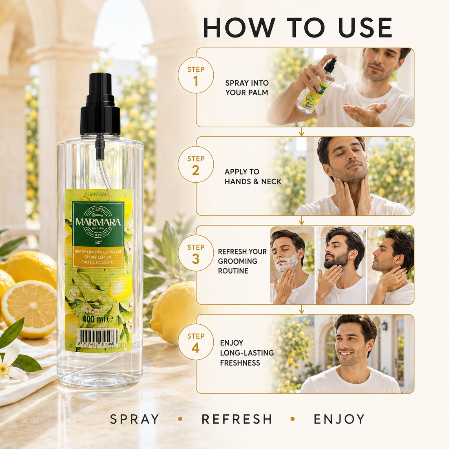 Marmara Spray Lemon Eau de Cologne 80° 400 ml – Erfrischendes Zitronen Kölnisch Wasser mit Pumpspray