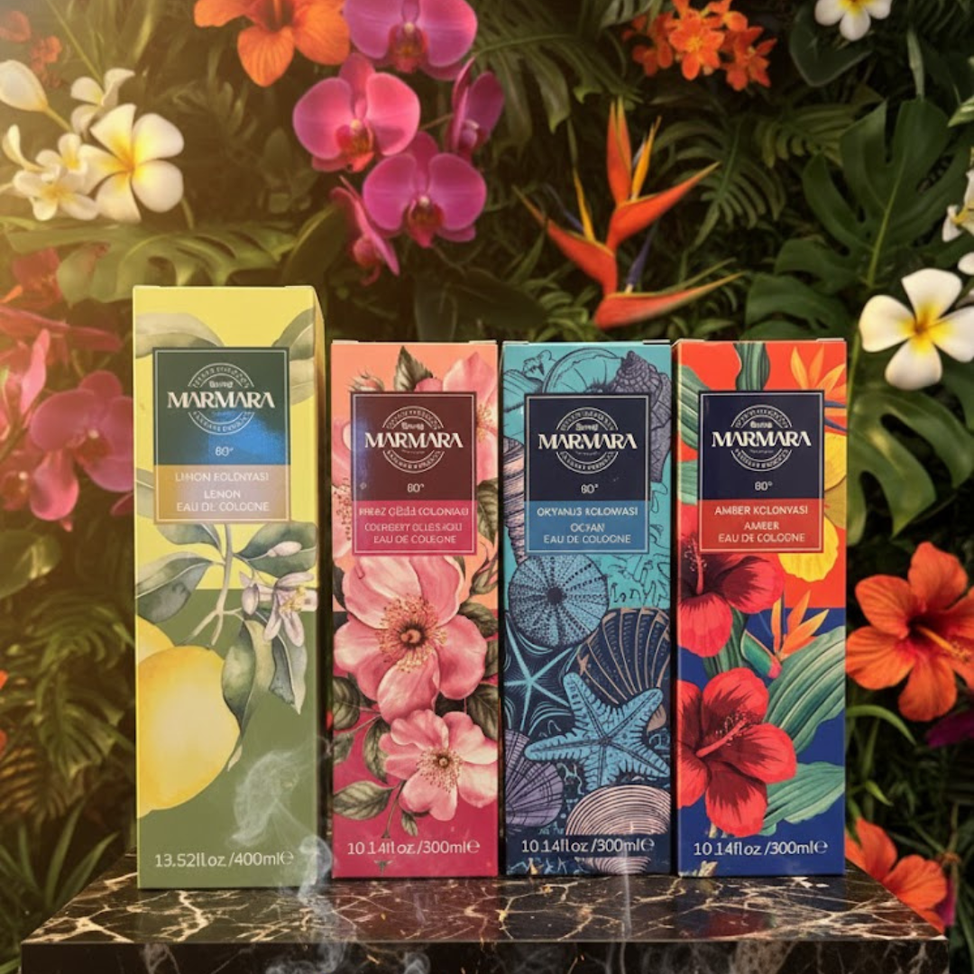 Marmara Kolonya Zitrone 400ml, Amber, Kirschblüte & Ocean 300ml