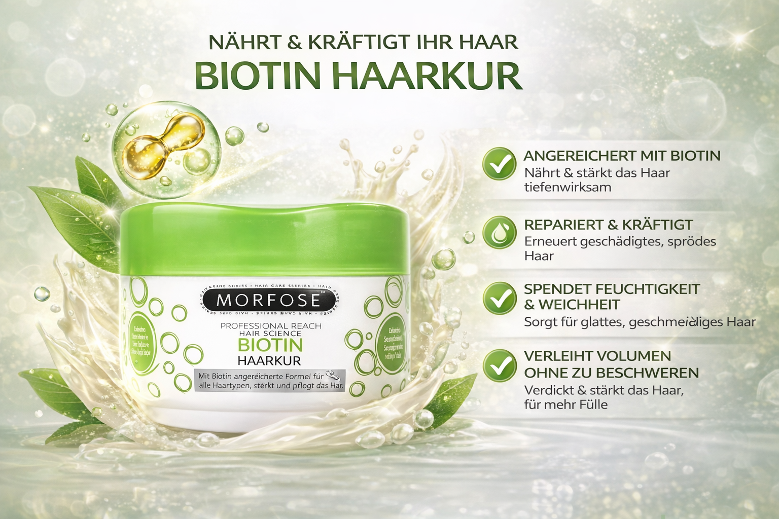 MORFOSE BIOTIN SET: Bestehend aus pflegendes Shampoo, Nährende Milchprotein-Haarkur & Two Phase Conditioner Feuchtigkeit & Geschmeidigkeit für alle Haartypen