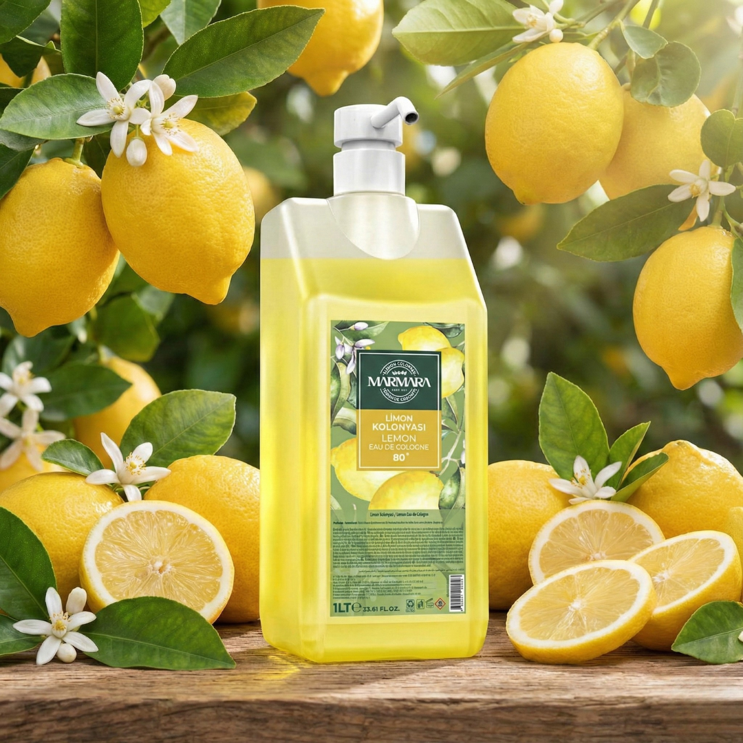 Marmara Eau de Cologne 1L mit Pumpe – 80% Alkohol – Erfrischendes Kolonya für Damen & Herren – Hautdesinfektion & Aftershave