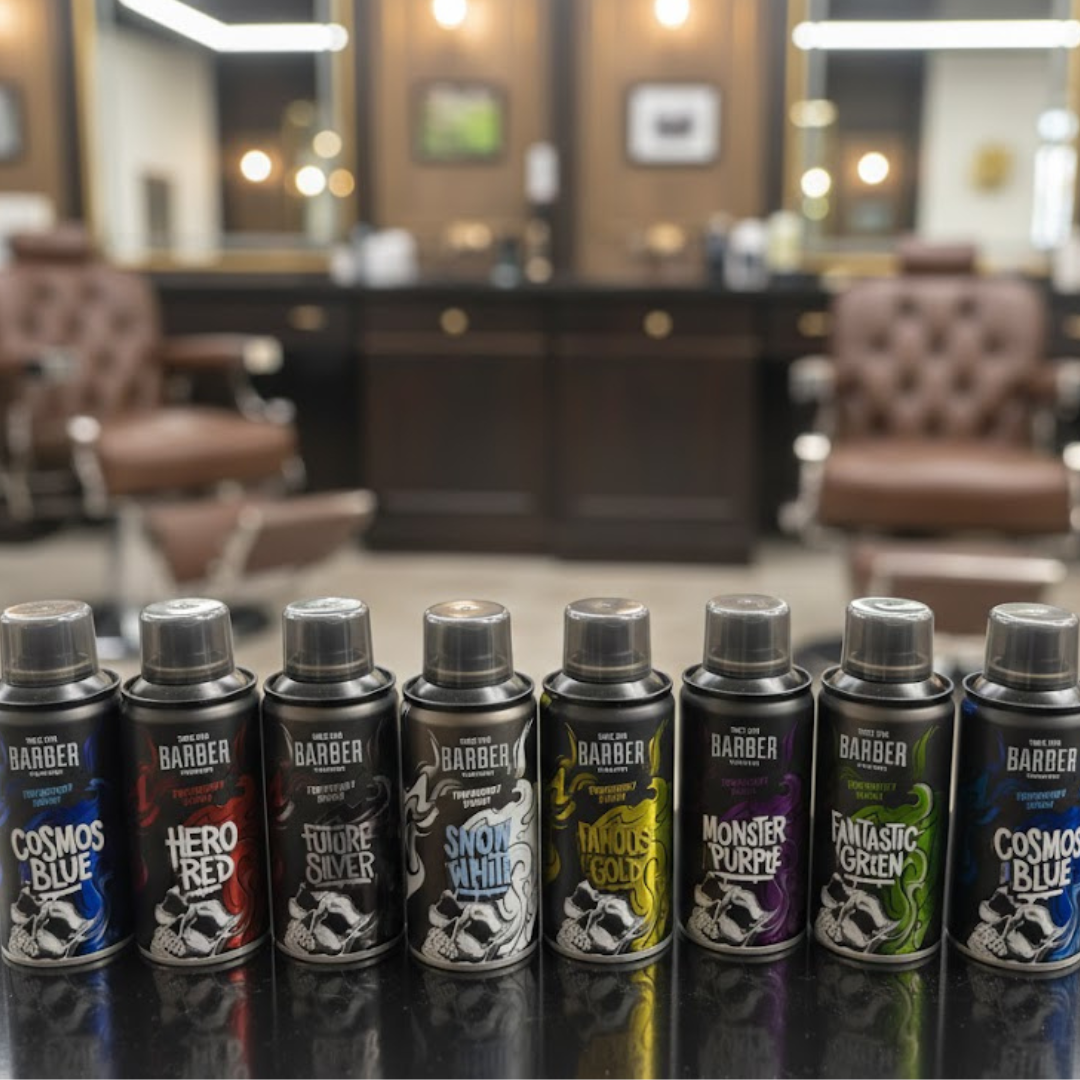 BARBER HAIR COLOR SPRAY 150 ML FUTURE SILVER,CRAZY PINK,HERO RED,SNOW WHITE,FAMOUS GOLD,MONSTER PURPLE,FANTASTIC GREEN,COSMOS BLUE