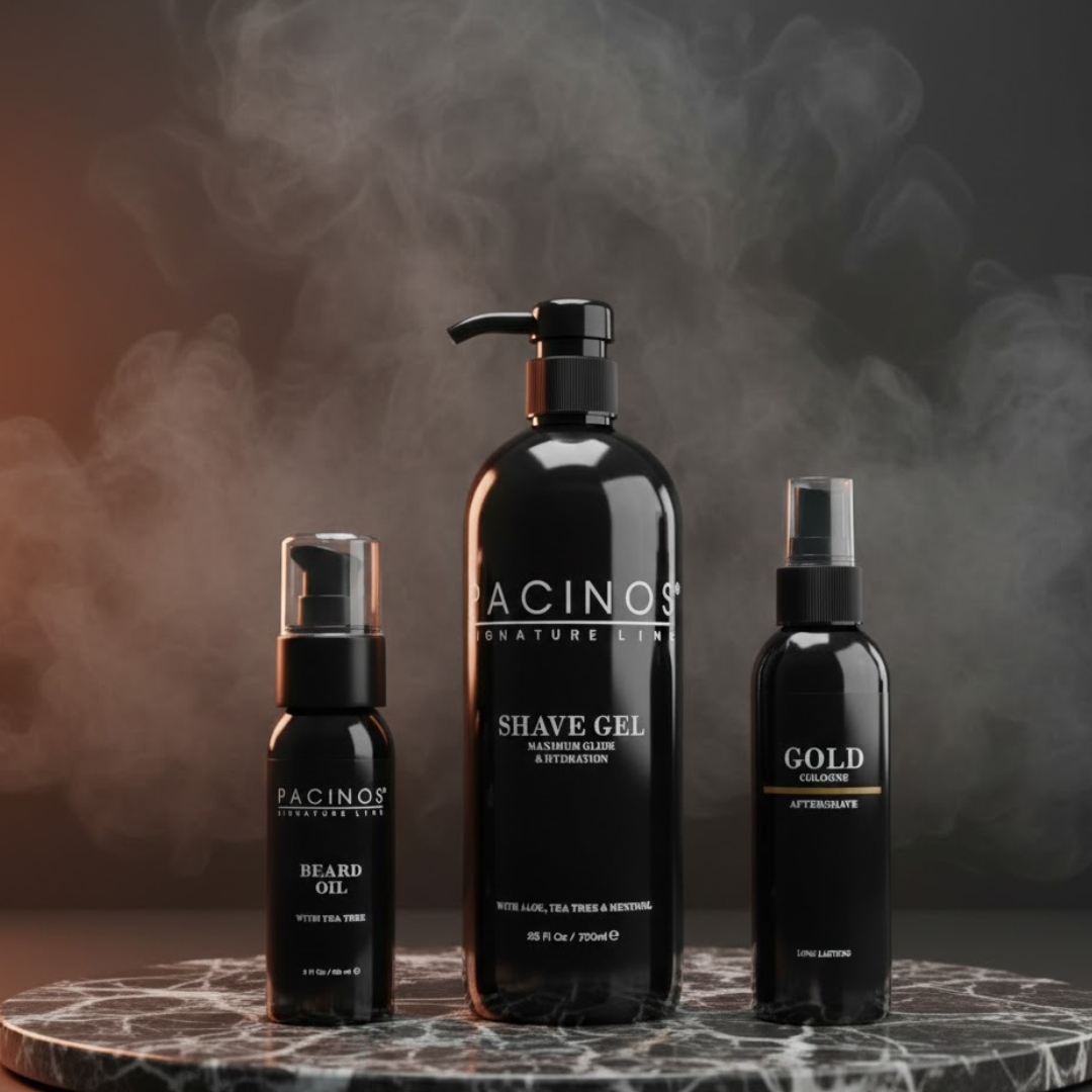 Pacinos Shaving Gel - Herren Rasiergel Transparent 750ml, Gold Cologne Aftershave Men 400ml , Bartöl 60ml