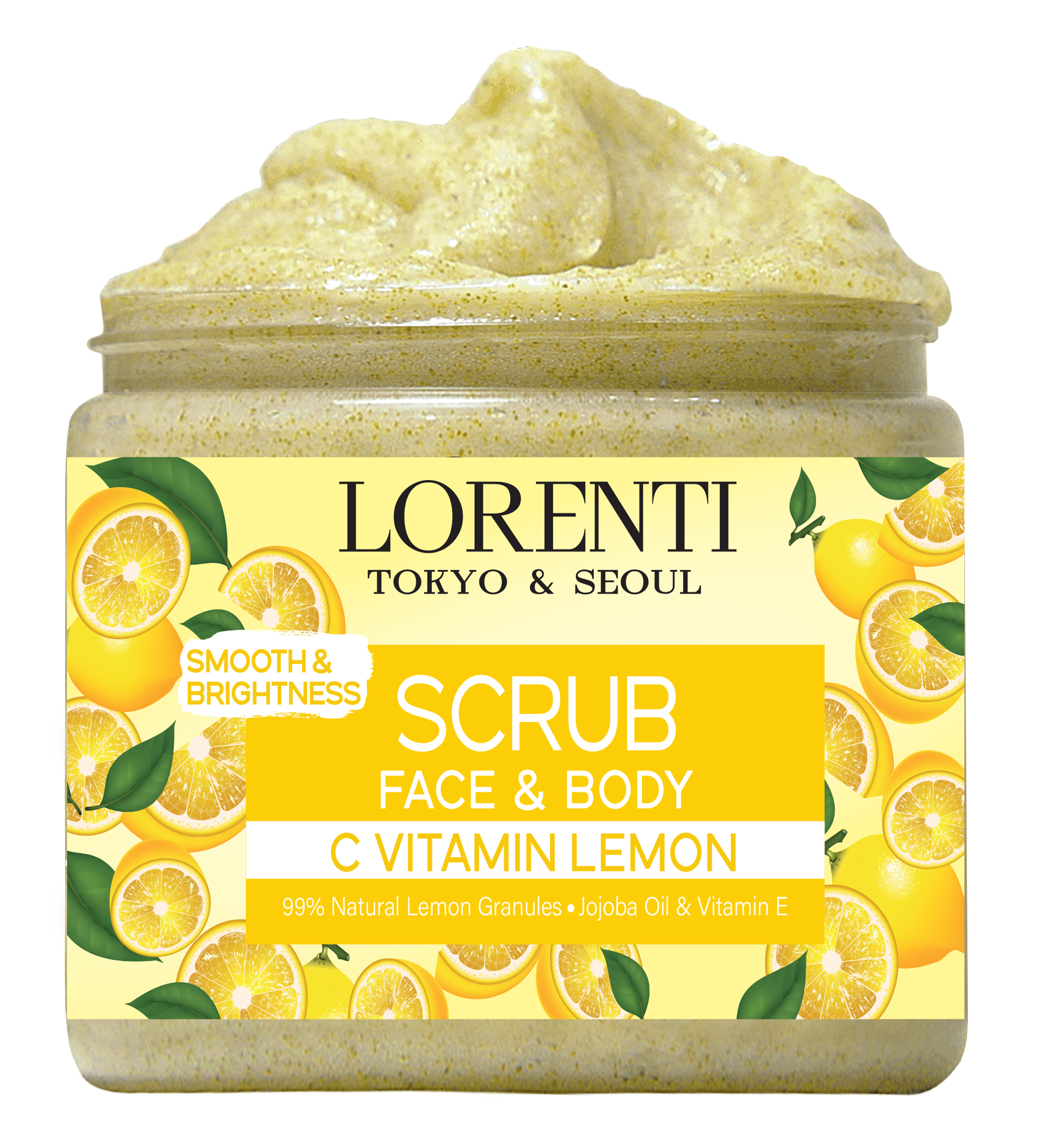 LORENTI TOKYO & SEOUL Face & Body Scrub 500ml Green Tea, C Vitamin Lemon, Apricot, Cucumber, Coffee Granules, Pomegranate