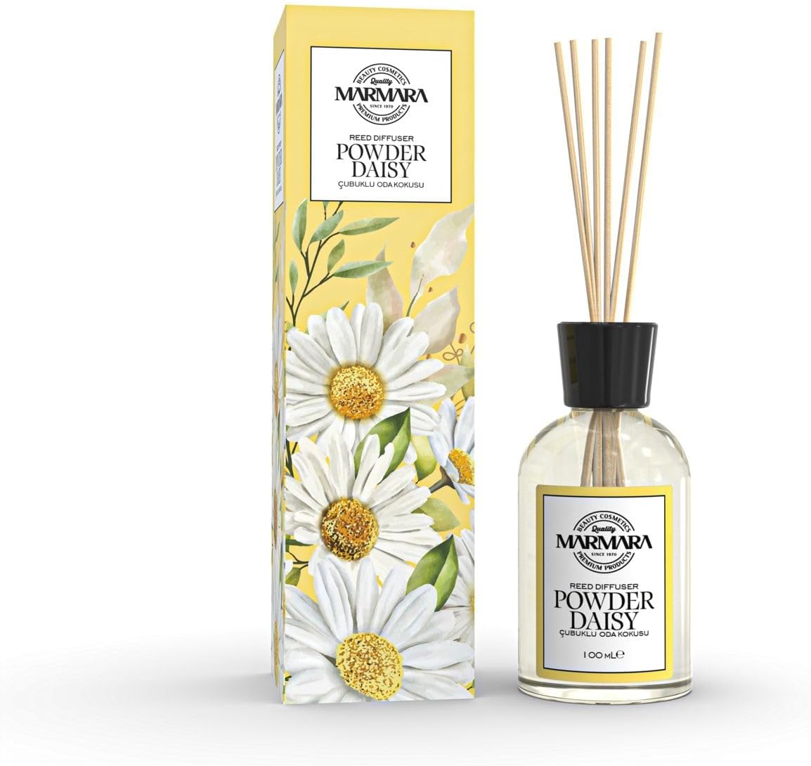 MARMARA POWDER DAISY Raumduft mit Stäbchen 100ml, Raum-erfrischer mit Frische Kamille Grünes Gras, Hagebutte Weißes Sandelholz Duft Aroma, Diffuser mit Stäbchen, Lufterfrischer Wohnung