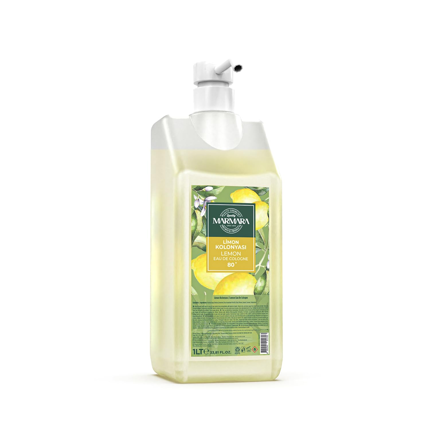 Marmara Lemon Eau de Cologne 1L mit Pumpe – 80% Alkohol – Erfrischendes Zitronen-Kolonya für Damen & Herren – Hautdesinfektion & Aftershave (Lemon)