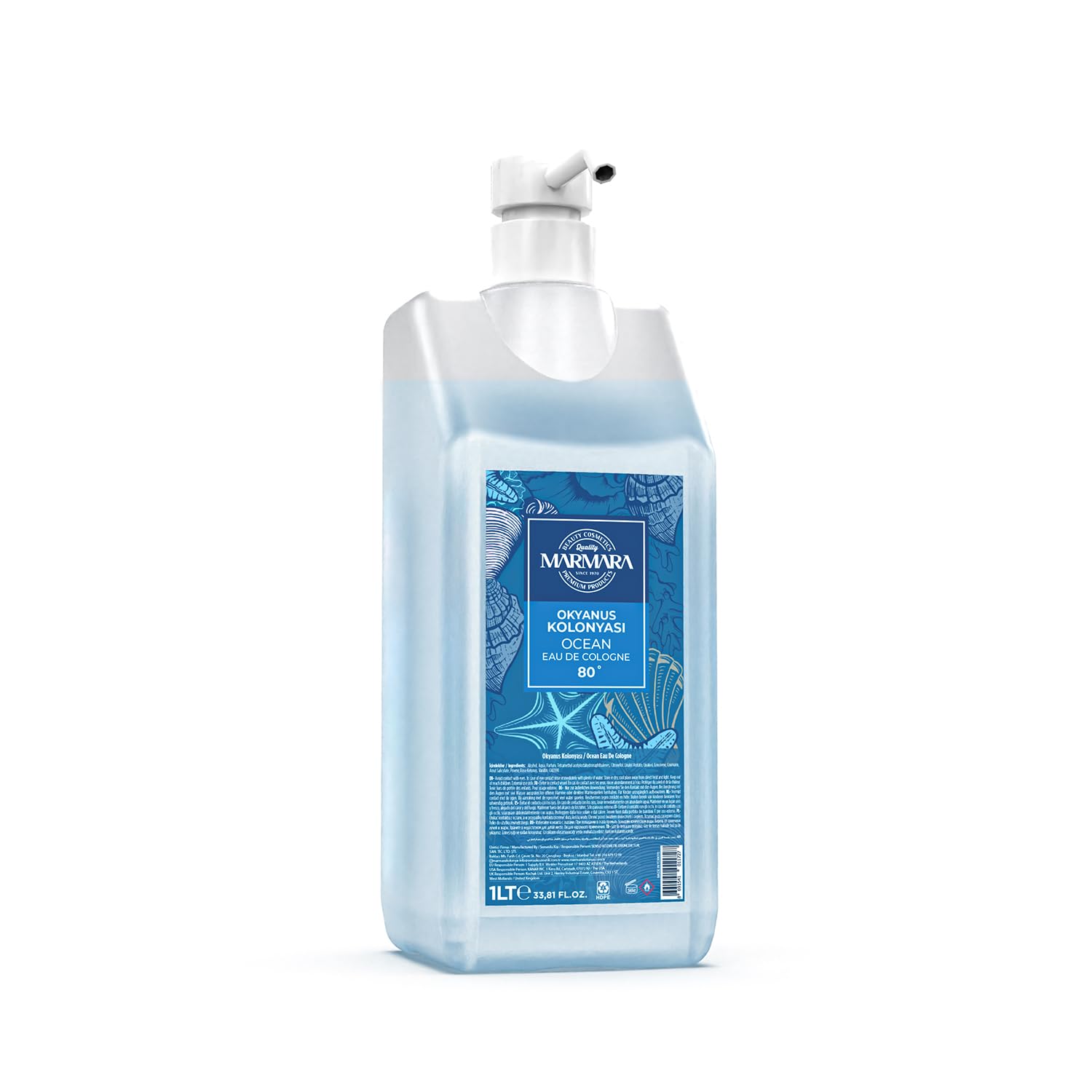 Marmara Eau de Cologne 1L mit Pumpe – 80% Alkohol – Erfrischendes Kolonya für Damen & Herren – Hautdesinfektion & Aftershave (Ocean)